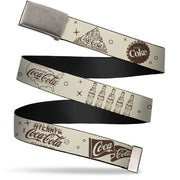 Web Belt Clamp Buckle - Vintage Coca-Cola Coke Icons and Ad Logos White/Brown Webbing Web Belts Coca-Cola