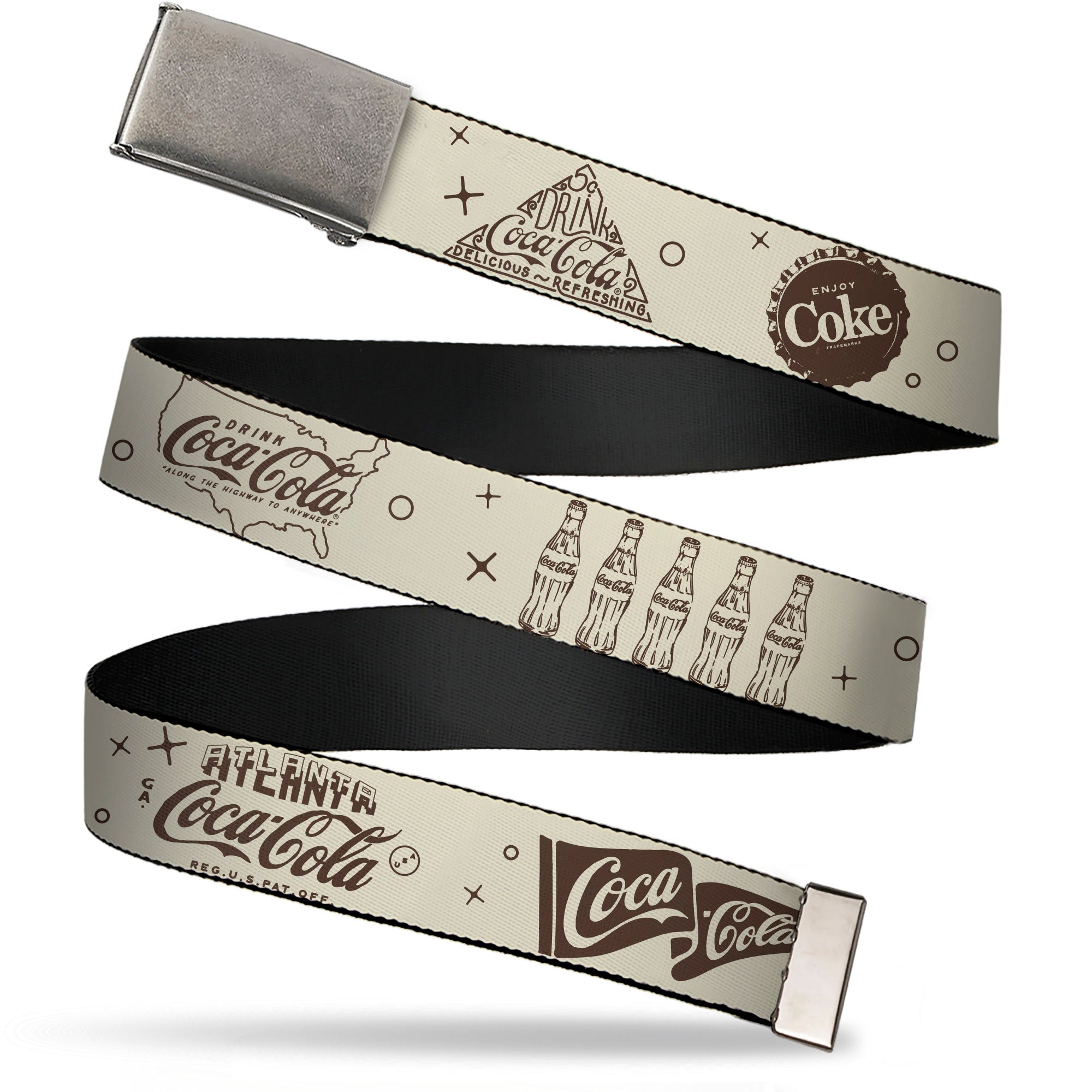 Web Belt Clamp Buckle - Vintage Coca-Cola Coke Icons and Ad Logos White/Brown Webbing Web Belts Coca-Cola