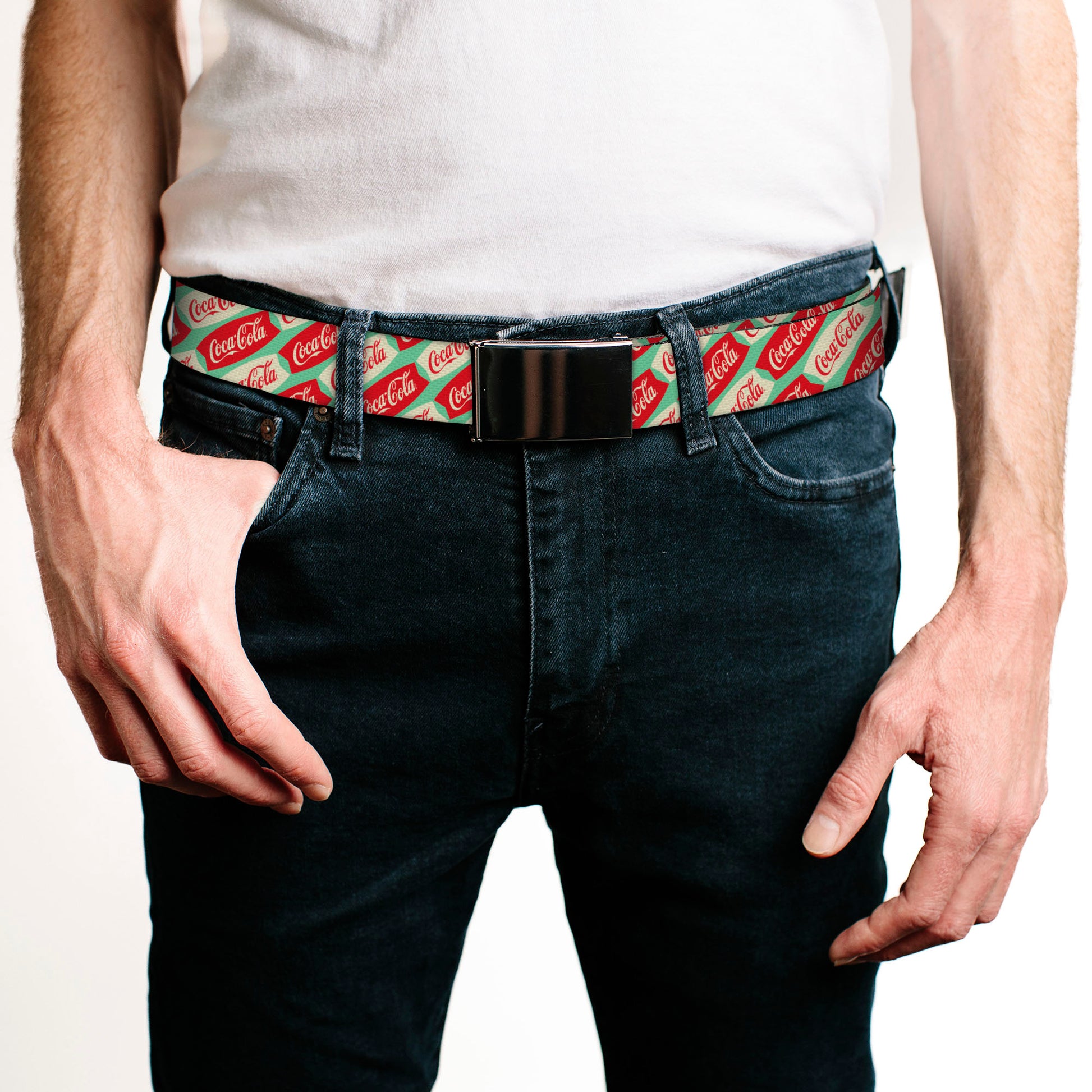 Web Belt Clamp Buckle - Coca-Cola Script Marquee Logo Green/Red/White Webbing Web Belts Coca-Cola