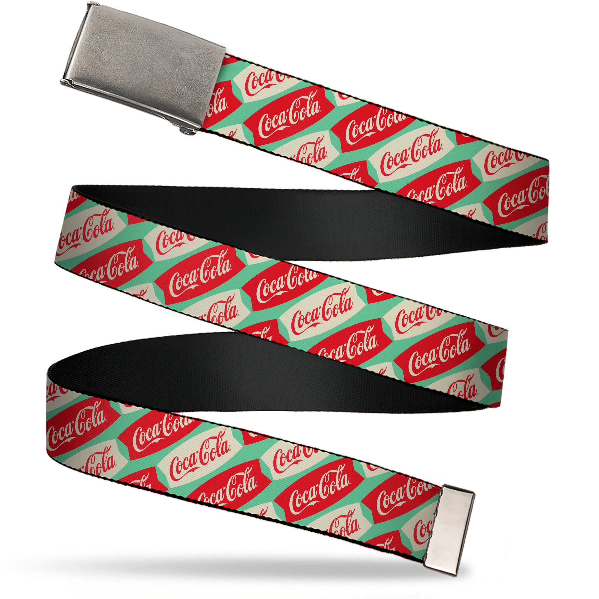 Web Belt Clamp Buckle - Coca-Cola Script Marquee Logo Green/Red/White Webbing Web Belts Coca-Cola