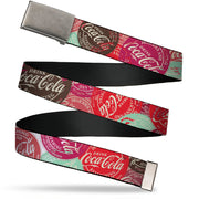 Web Belt Clamp Buckle - DRINK COCA-COLA Coke Patches Stacked Reds/Multi Color Webbing Web Belts Coca-Cola