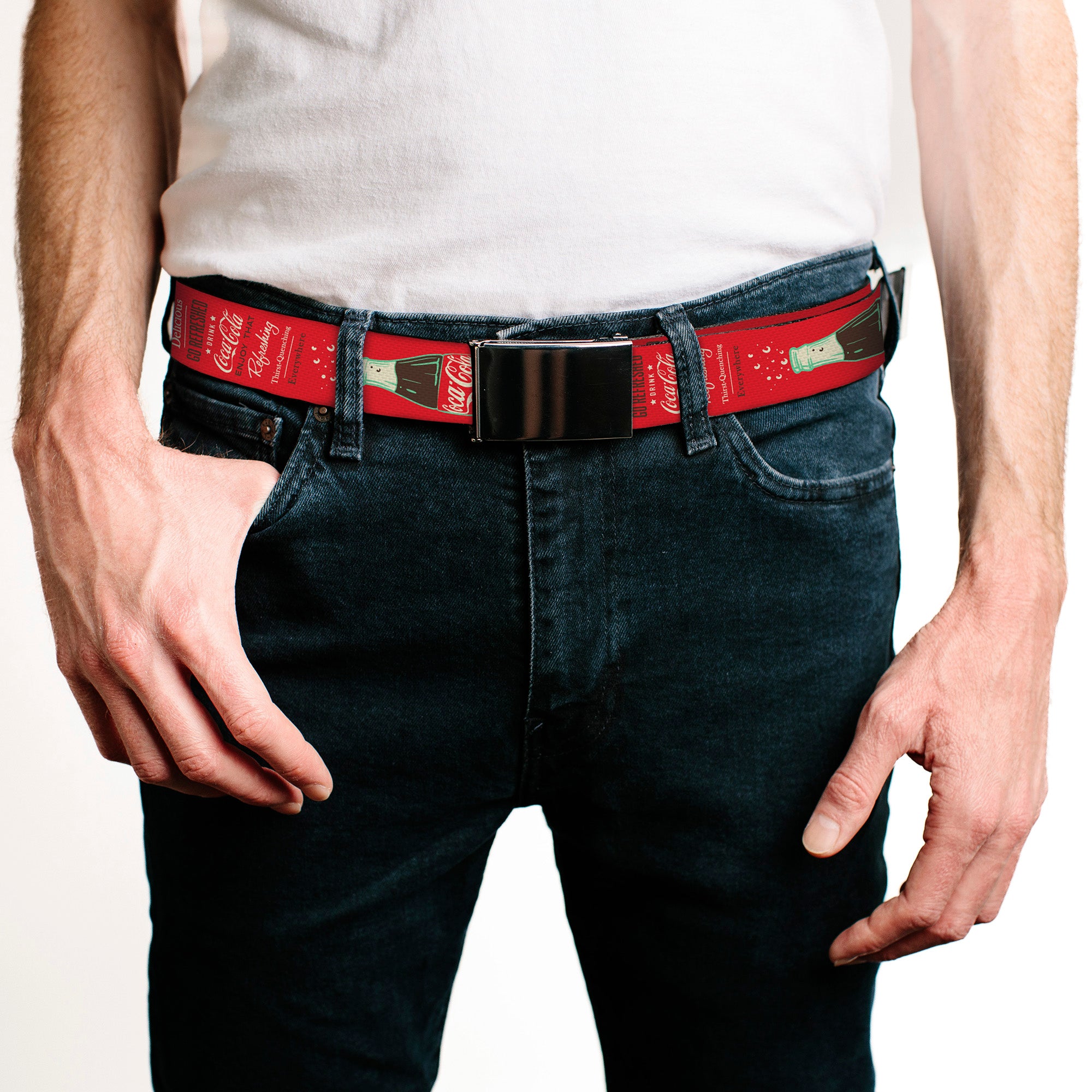 Web Belt Blank Matte Buckle - Vintage Coca-Cola DELICIOUS GO REFRESHED Typography and Bottle Red/Brown/White Webbing Web Belts Coca-Cola