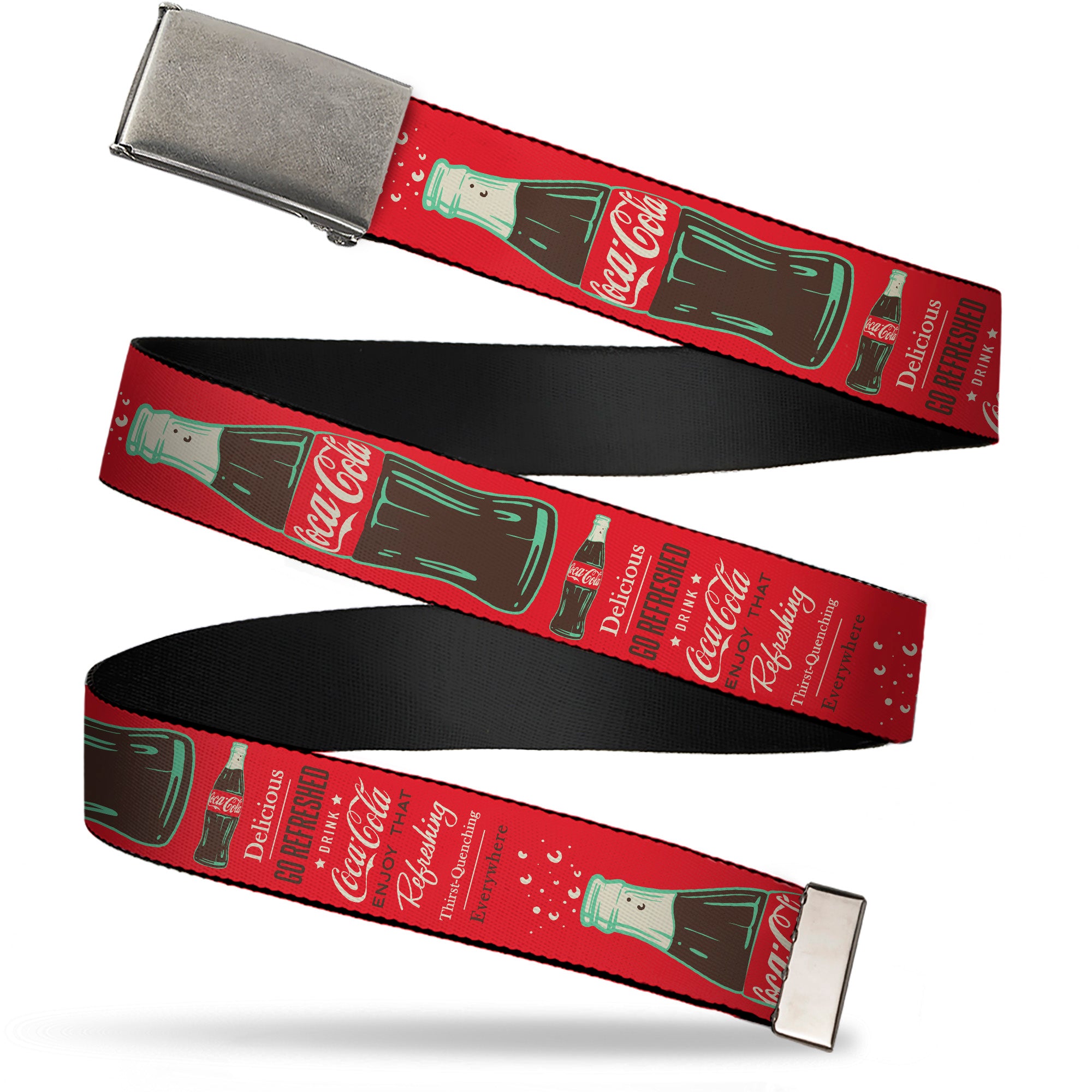 Web Belt Blank Matte Buckle - Vintage Coca-Cola DELICIOUS GO REFRESHED Typography and Bottle Red/Brown/White Webbing Web Belts Coca-Cola