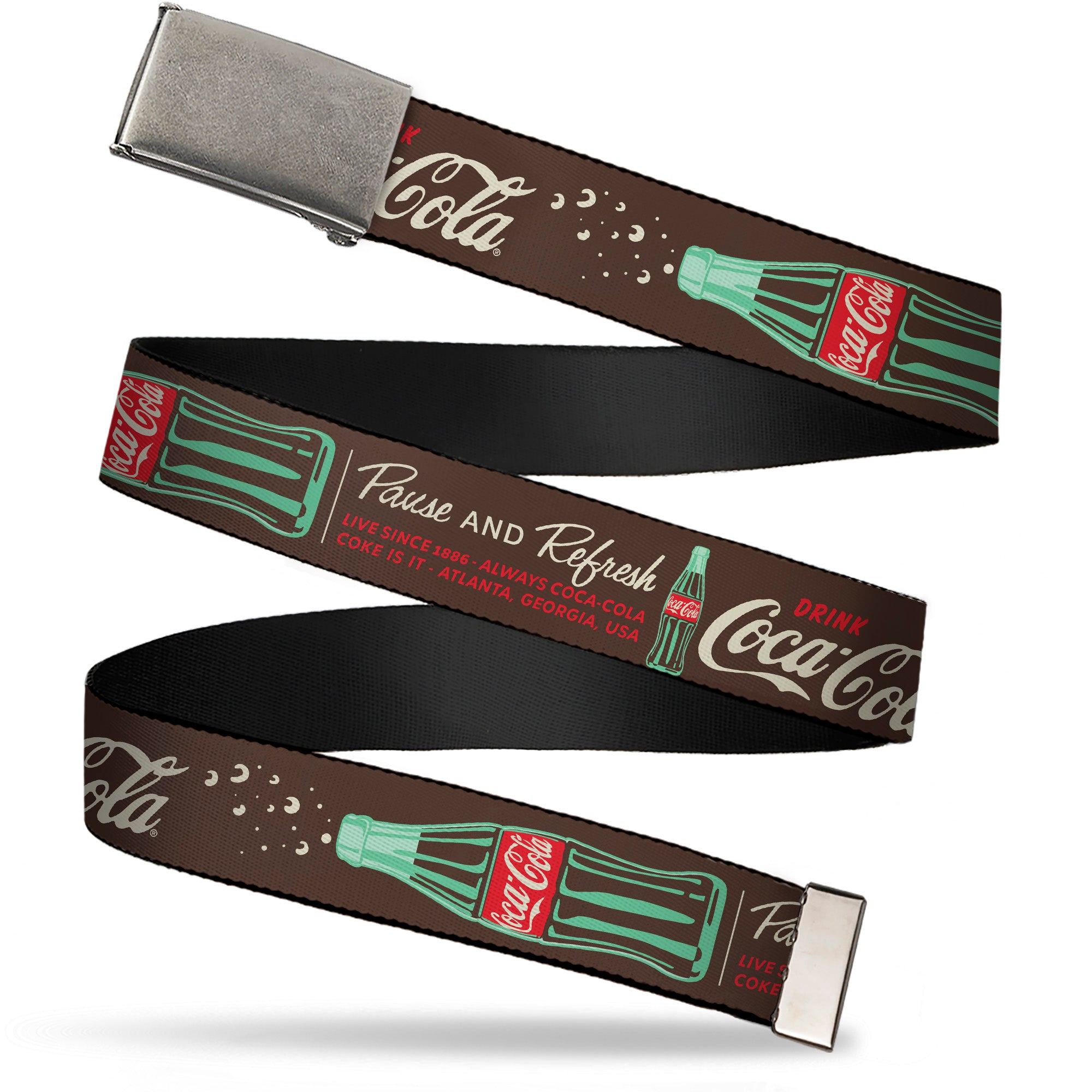 Web Belt Blank Matte Buckle - Coca-Cola PAUSE AND REFRESH Typography and Bottle Brown/Red/White Webbing Web Belts Coca-Cola