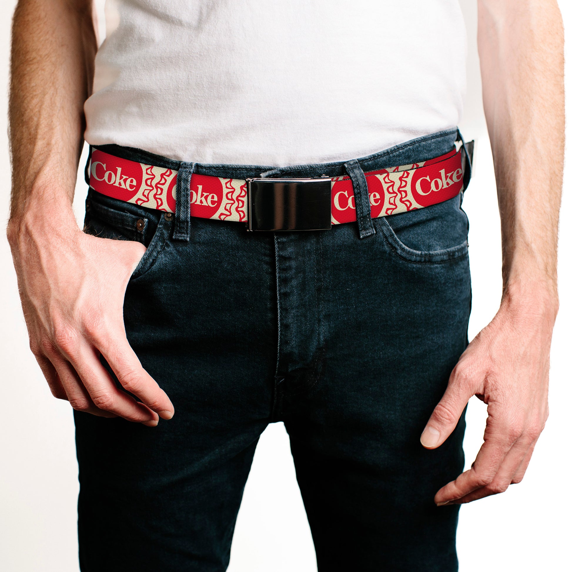 Web Belt Blank Chrome Buckle - Vintage COKE Bottle Caps White/Red Webbing Web Belts Coca-Cola