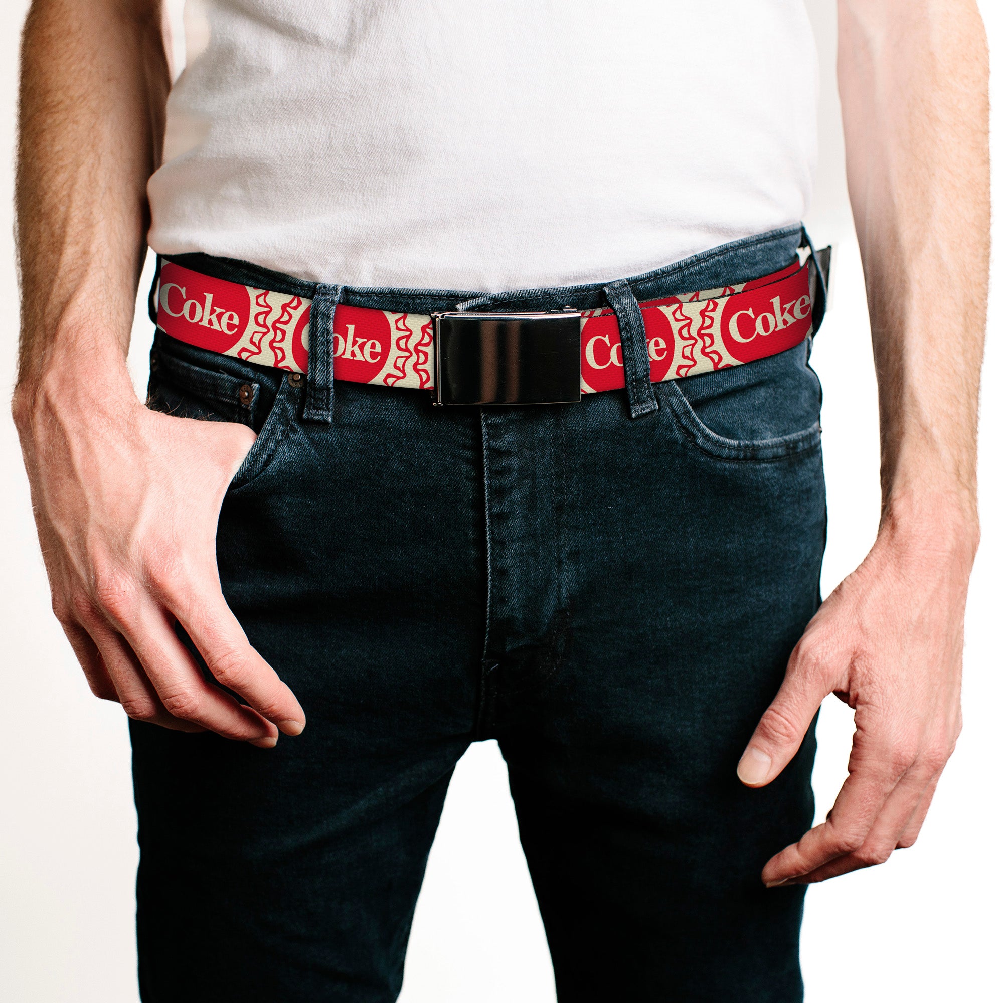 Web Belt Blank Chrome Buckle - Vintage COKE Bottle Caps White/Red Webbing Web Belts Coca-Cola