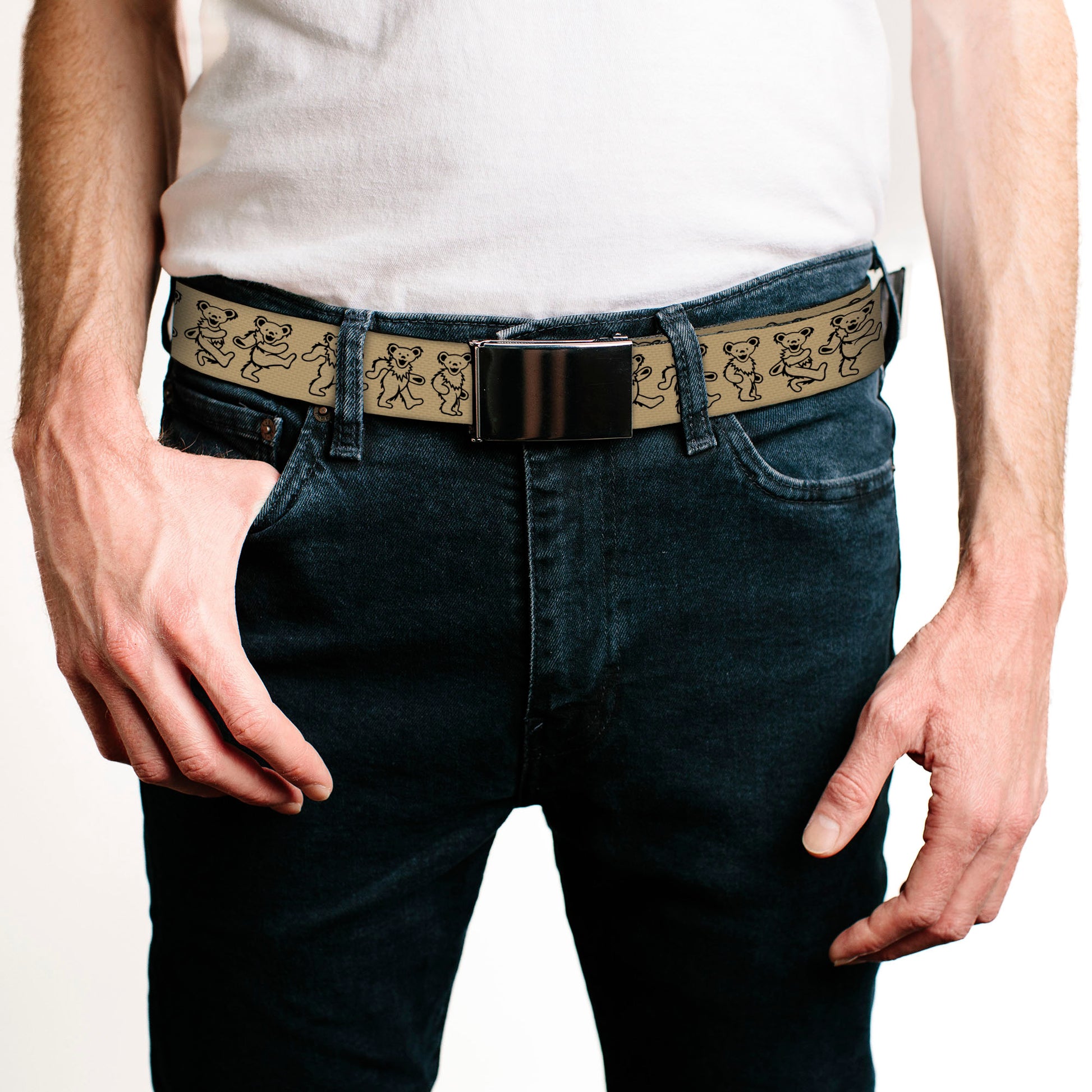 Chrome Buckle Web Belt - Dancing Bears Tan/Black Webbing Web Belts Grateful Dead