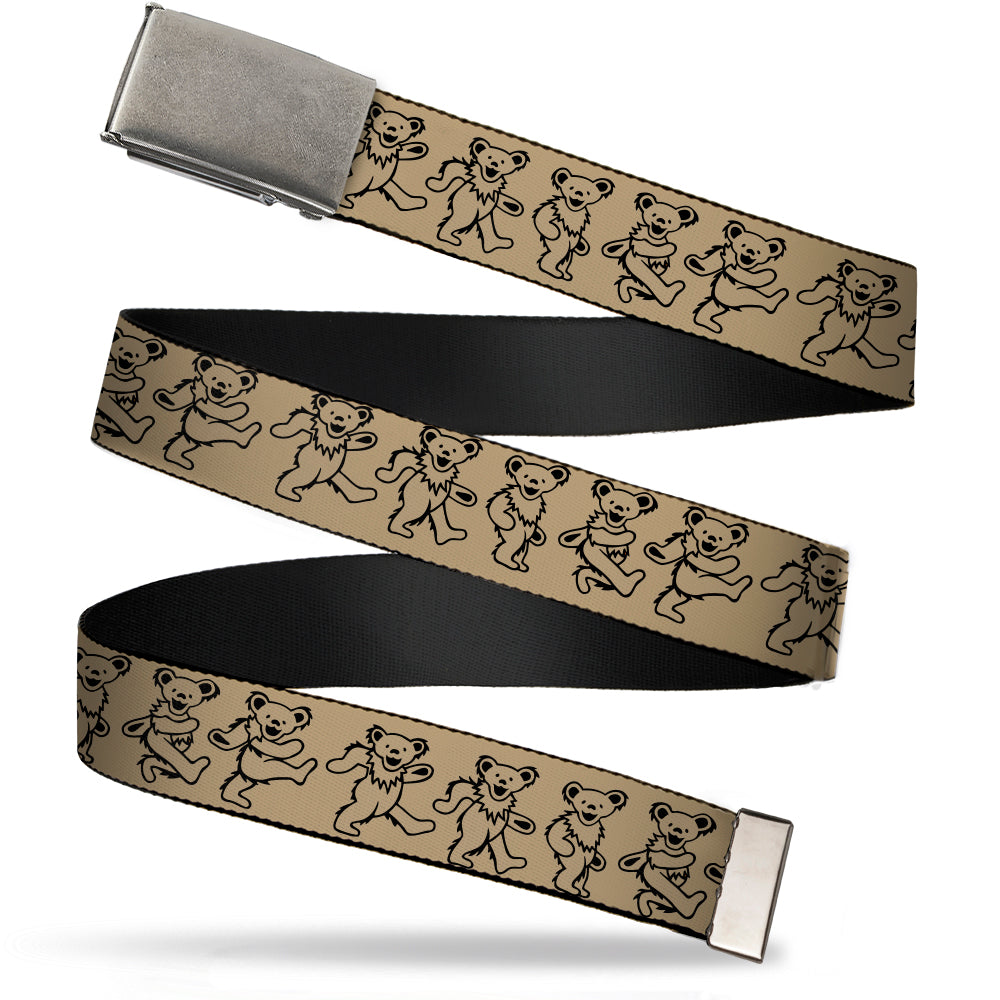 Chrome Buckle Web Belt - Dancing Bears Tan/Black Webbing Web Belts Grateful Dead