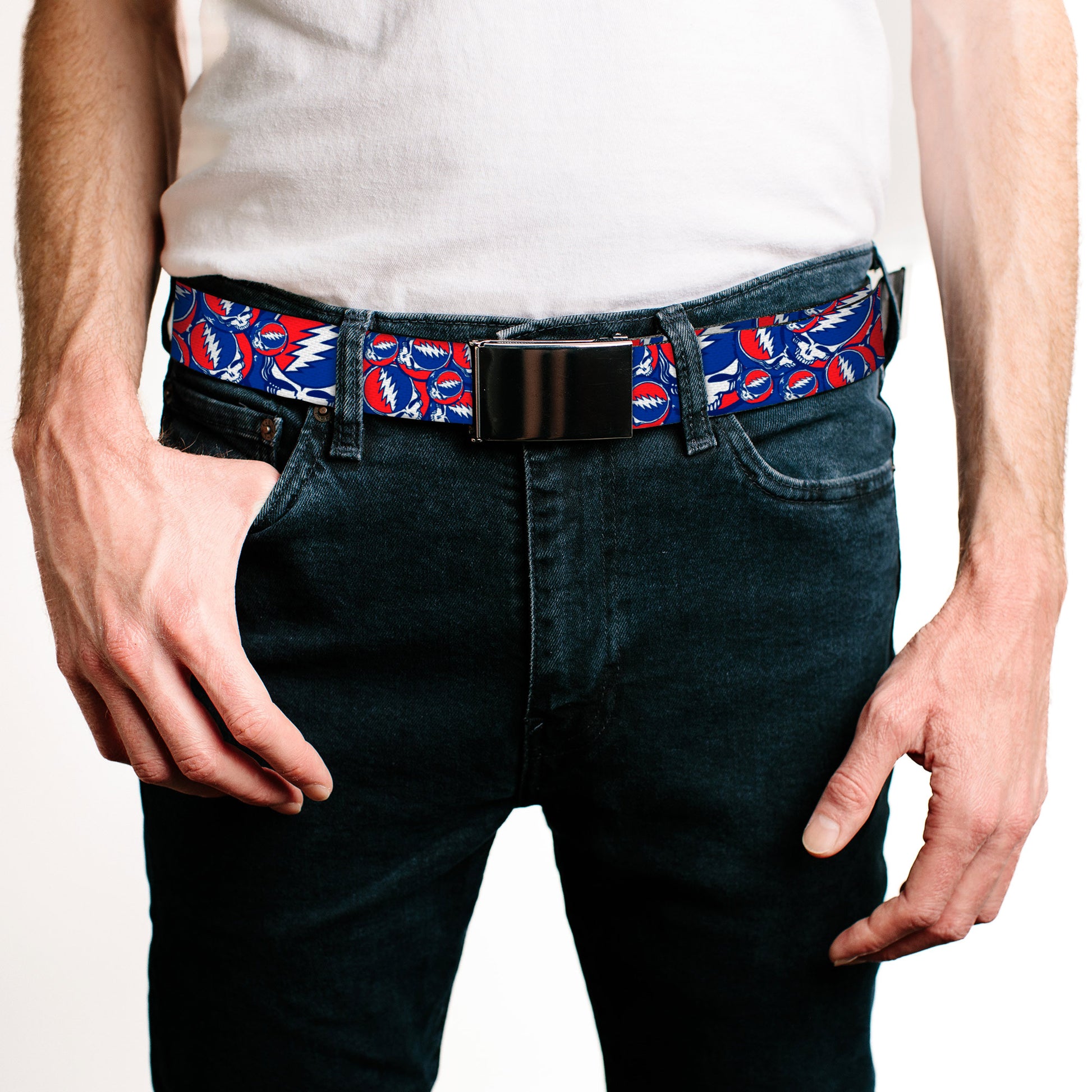 Chrome Buckle Web Belt - Steal Your Face Stacked Red/White/Blue Webbing Web Belts Grateful Dead