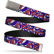 Chrome Buckle Web Belt - Steal Your Face Stacked Red/White/Blue Webbing Web Belts Grateful Dead