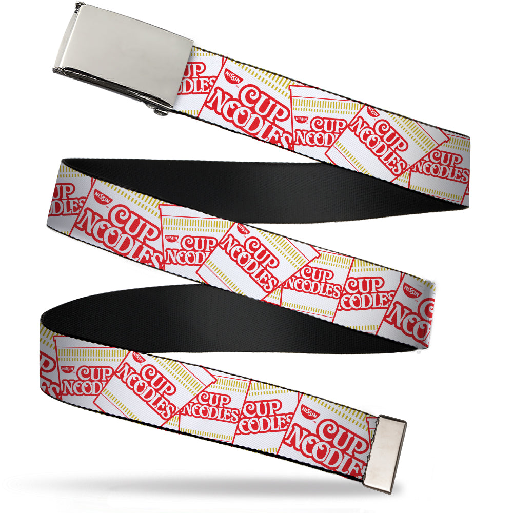 Chrome Buckle Web Belt - Cup Noodles Cups Stacked Collage White/Gold/Red Webbing Web Belts Nissin