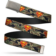 Chrome Buckle Web Belt - Superman Shield Camo Olive Webbing Web Belts DC Comics