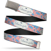Web Belt Clasp Buckle - GILMORE GIRLS Title Logo and Dragon Flies Scattered Pink/White/Blues Webbing Web Belts Gilmore Girls