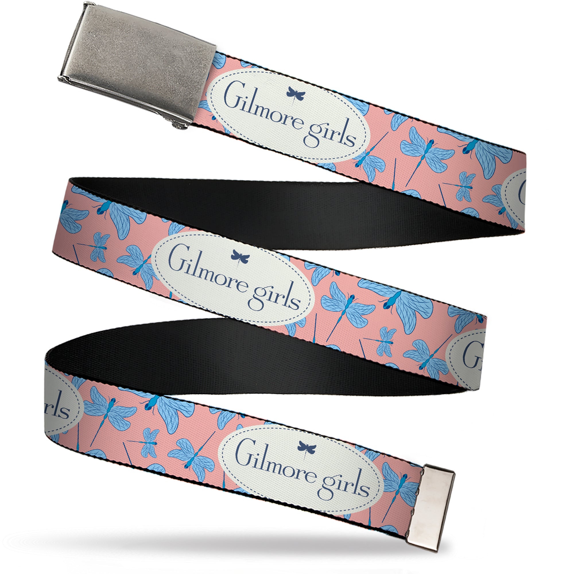 Web Belt Clasp Buckle - GILMORE GIRLS Title Logo and Dragon Flies Scattered Pink/White/Blues Webbing Web Belts Gilmore Girls
