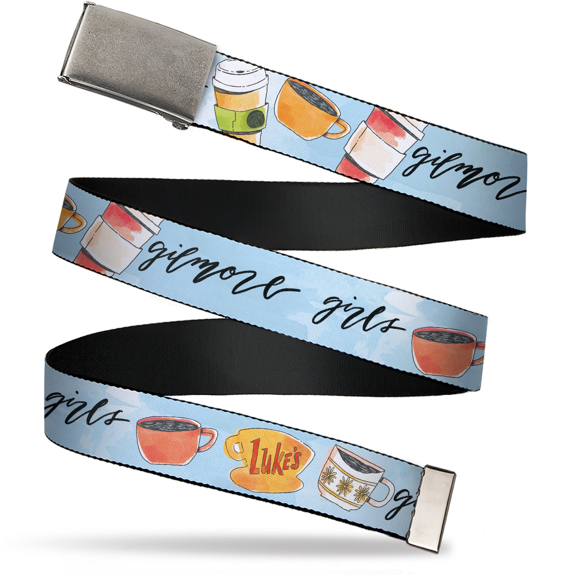 Web Belt Clasp Buckle - GILMORE GIRLS Luke's Coffee Shop Icons and Script Blue Webbing Web Belts Gilmore Girls
