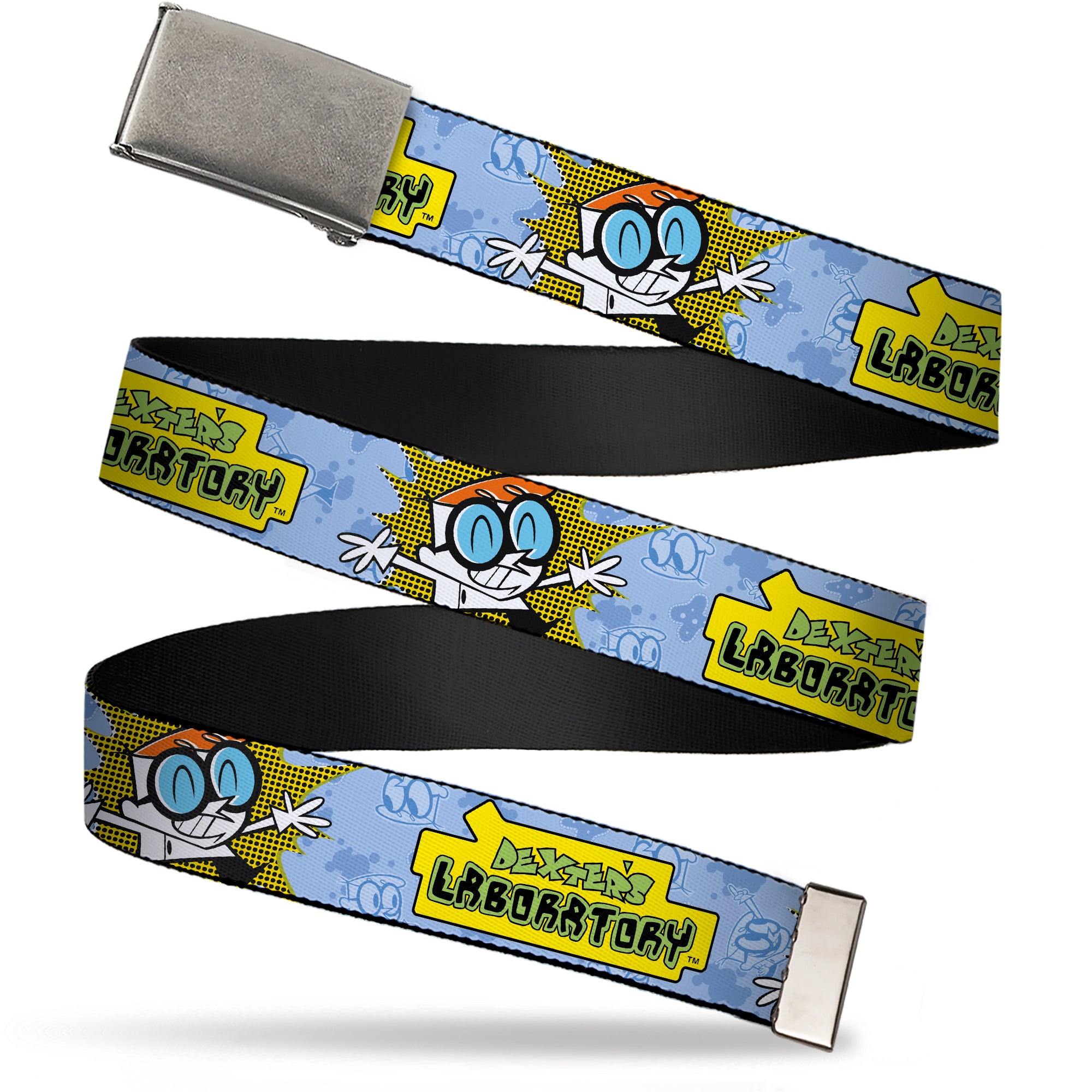 Web Belt Clasp Buckle - DEXTER'S LABORATORY Title Logo and Dexter Pose Blues/Yellow/Black Webbing Web Belts Dexter's Laboratory