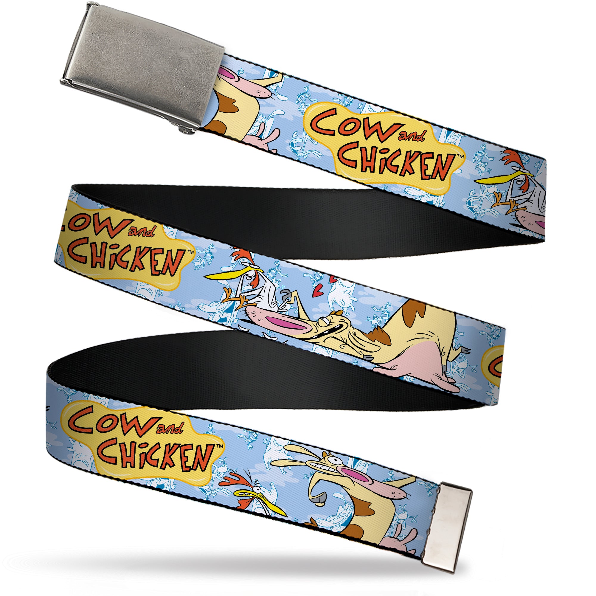 Web Belt Clasp Buckle - COW AND CHICKEN Title Logo and Character Poses Blues Webbing Web Belts Cow and Chicken