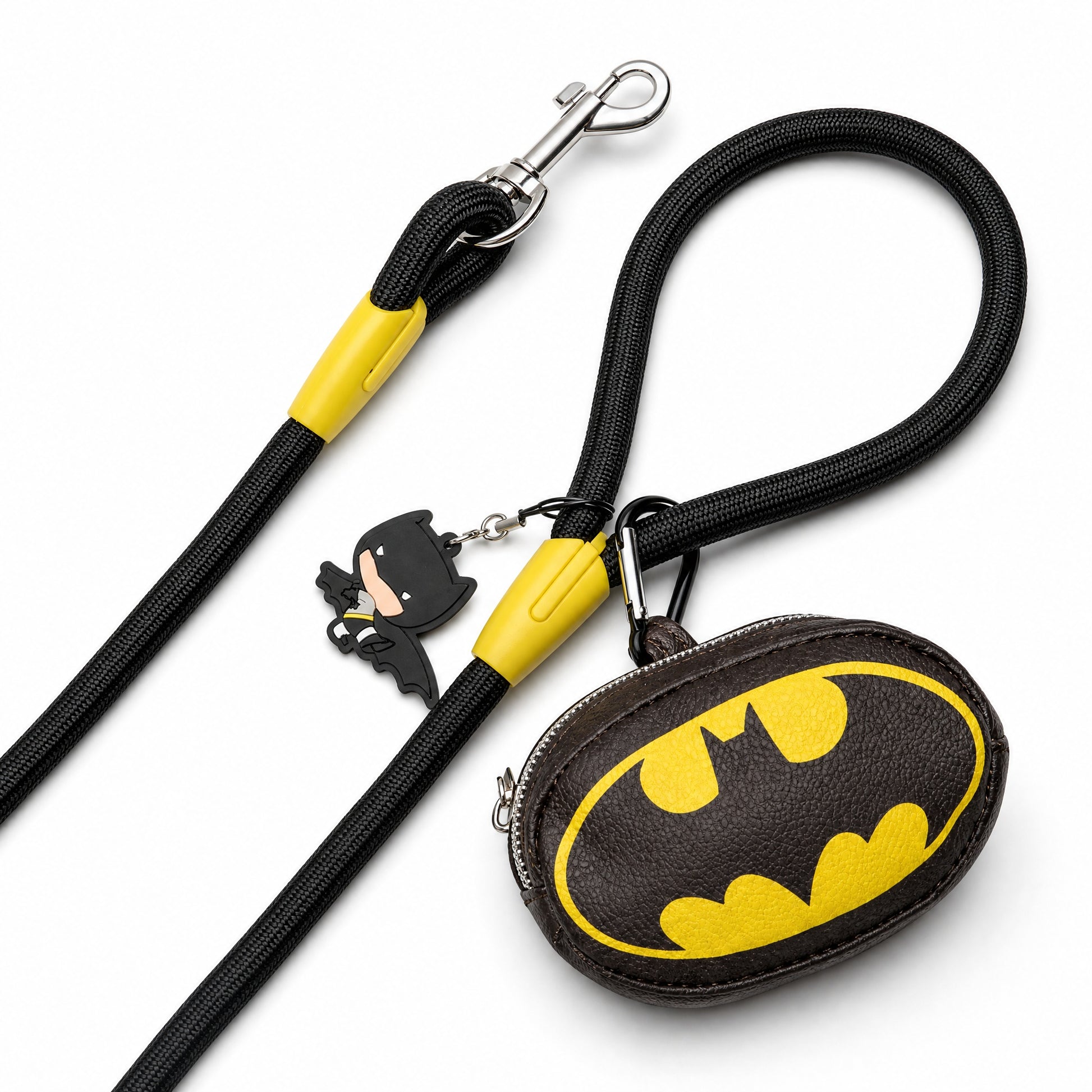 Dog Leash - Batman Black Rope Leash with Bat Signal Oval Shape Dispenser Rope Leashes with Waste Bag Dispenser DC Comics