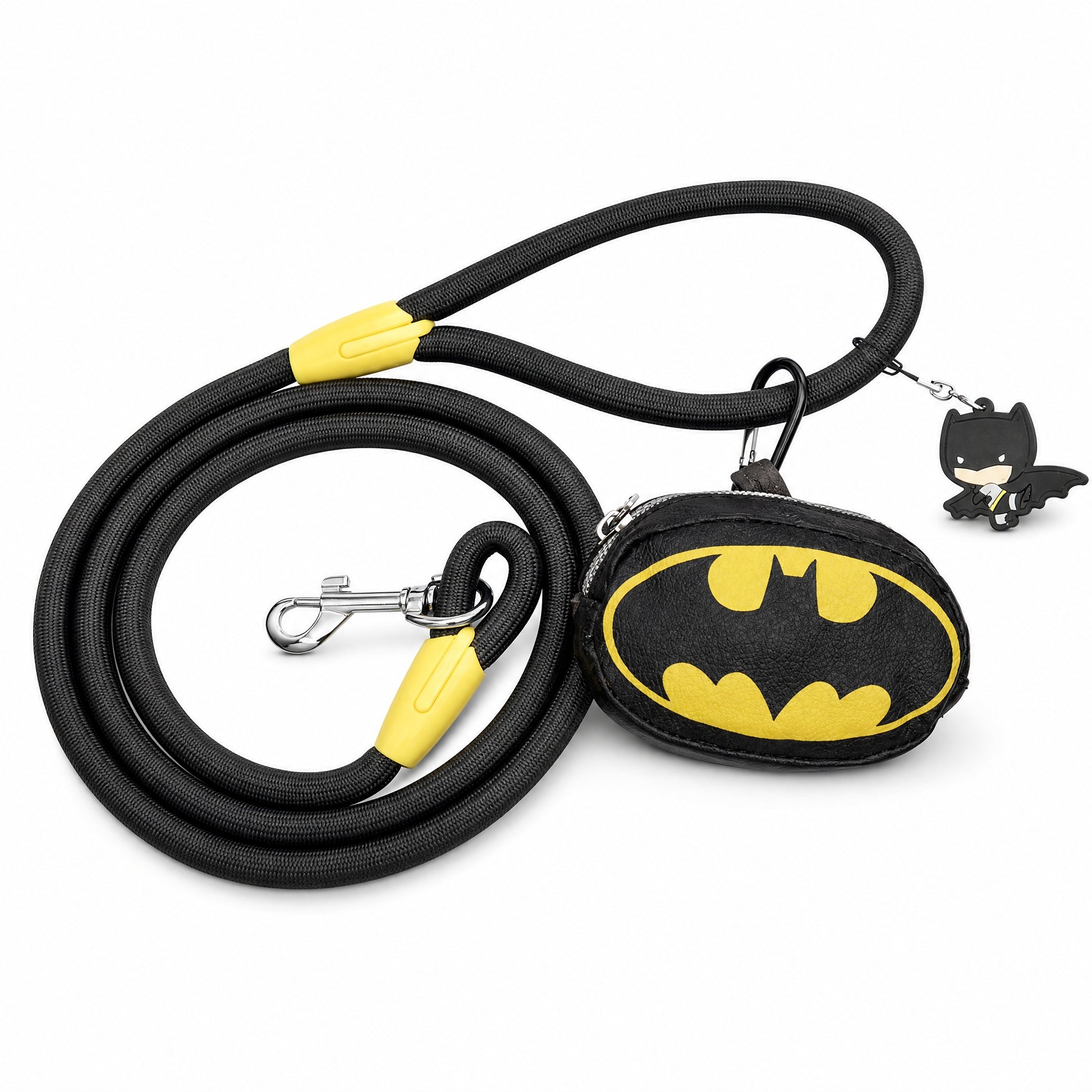 Dog Leash - Batman Black Rope Leash with Bat Signal Oval Shape Dispenser Rope Leashes with Waste Bag Dispenser DC Comics