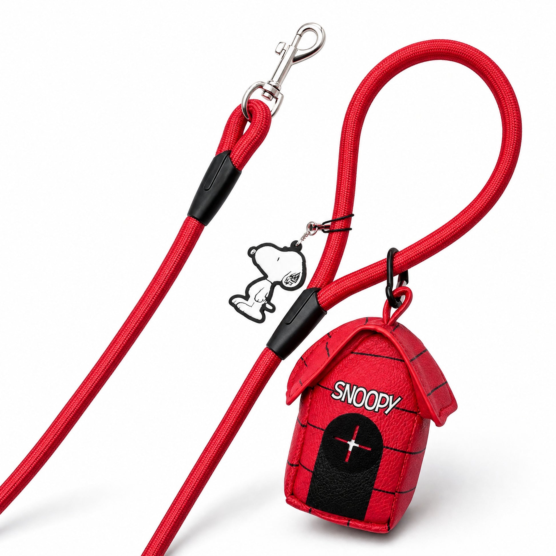Dog Leash - Peanuts Snoopy Red Rope Leash with Dog House Shape Dispenser Rope Leashes with Waste Bag Dispenser Peanuts