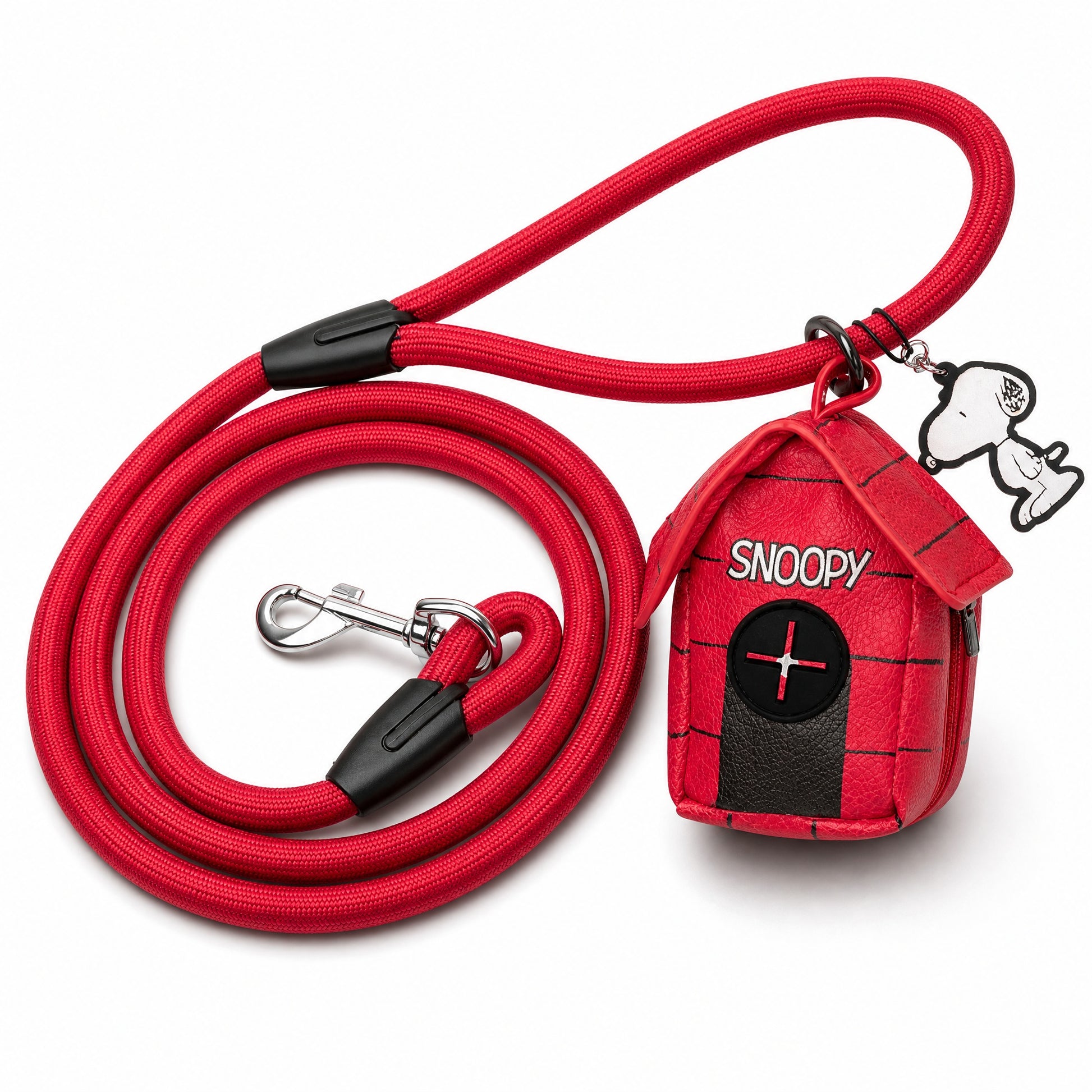 Dog Leash - Peanuts Snoopy Red Rope Leash with Dog House Shape Dispenser Rope Leashes with Waste Bag Dispenser Peanuts