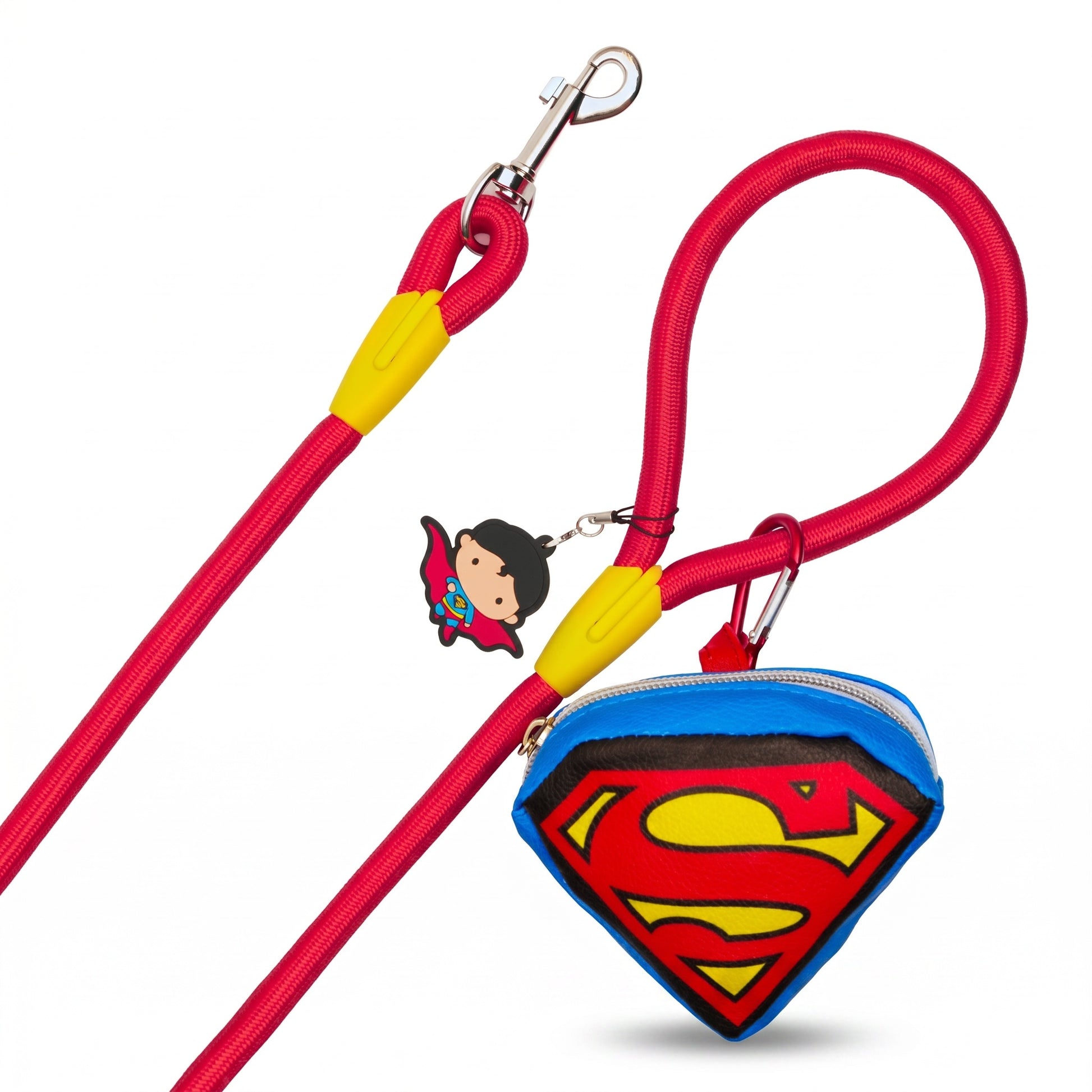 Dog Leash - Superman Red Rope Leash with Super Shield Shape Dispenser Rope Leashes with Waste Bag Dispenser DC Comics