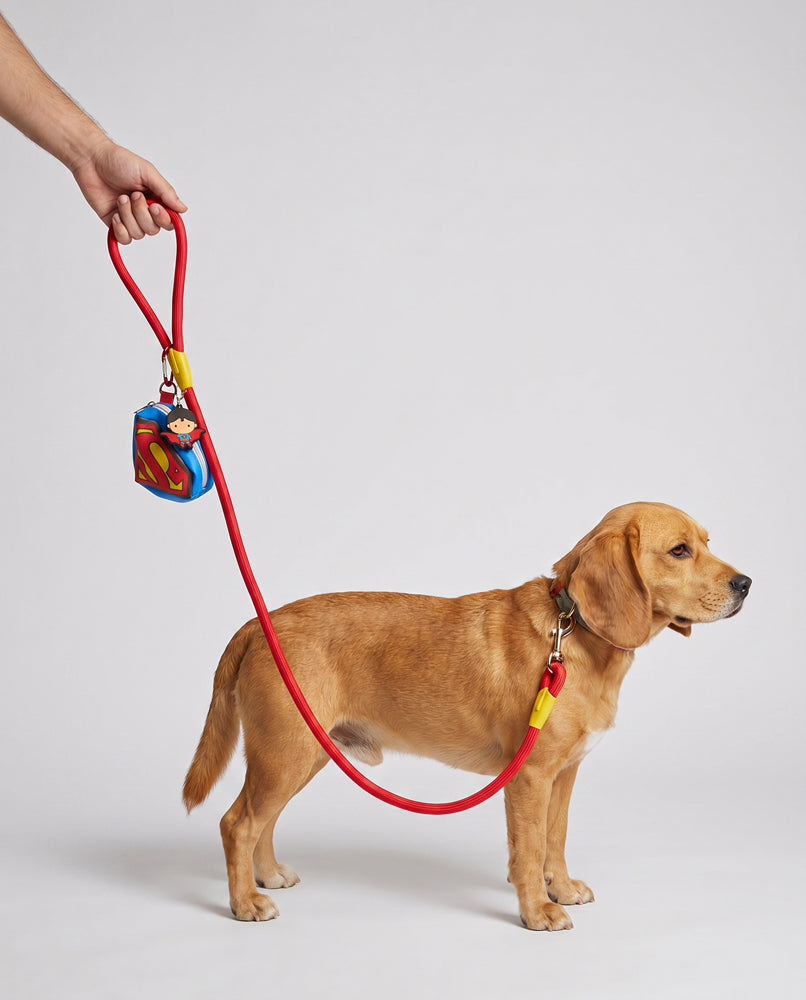 Dog Leash - Superman Red Rope Leash with Super Shield Shape Dispenser