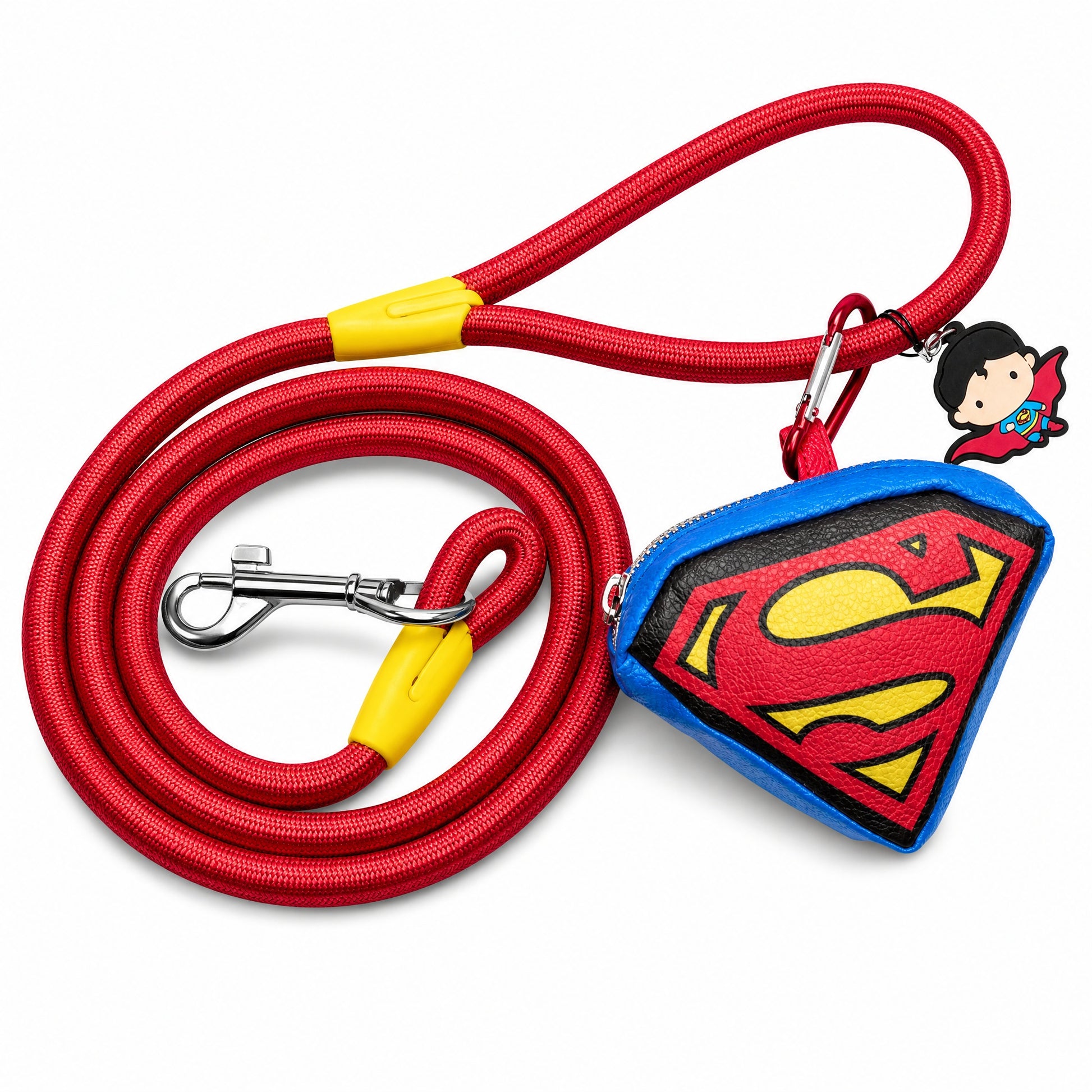 Dog Leash - Superman Red Rope Leash with Super Shield Shape Dispenser Rope Leashes with Waste Bag Dispenser DC Comics