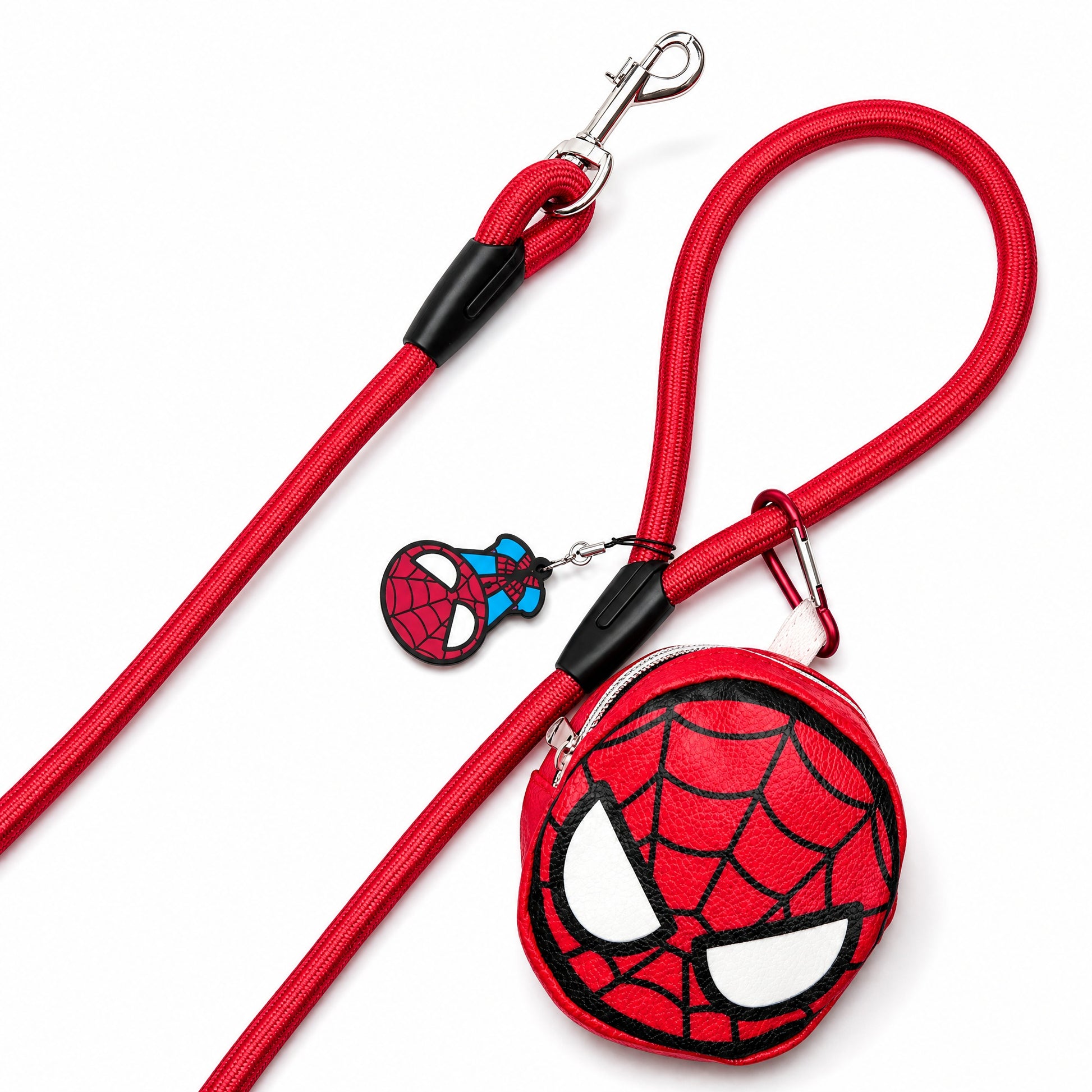 Dog Leash - Spider-Man Red Rope Leash with Face Shape Dispenser Rope Leashes with Waste Bag Dispenser Marvel Comics
