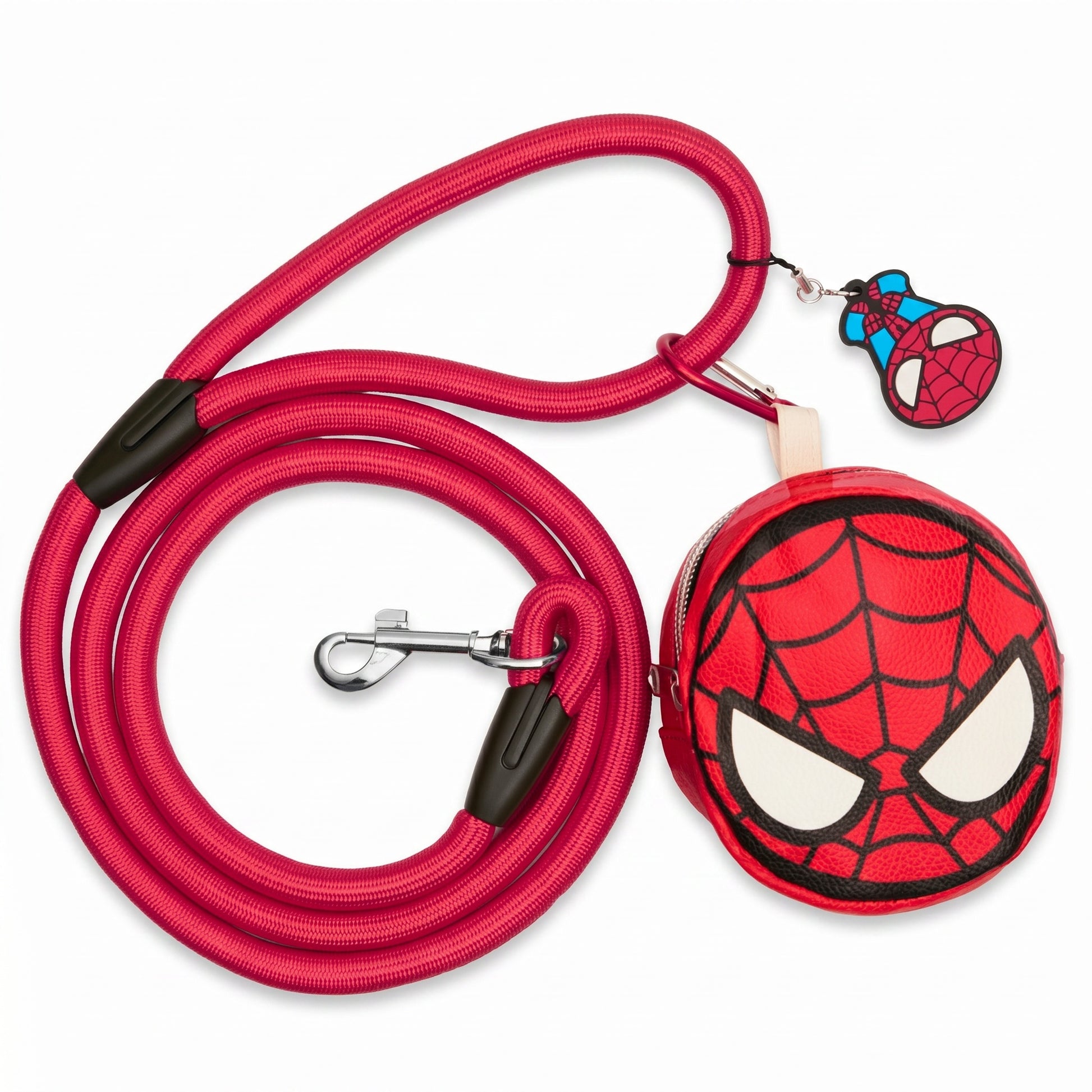 Dog Leash - Spider-Man Red Rope Leash with Face Shape Dispenser Rope Leashes with Waste Bag Dispenser Marvel Comics
