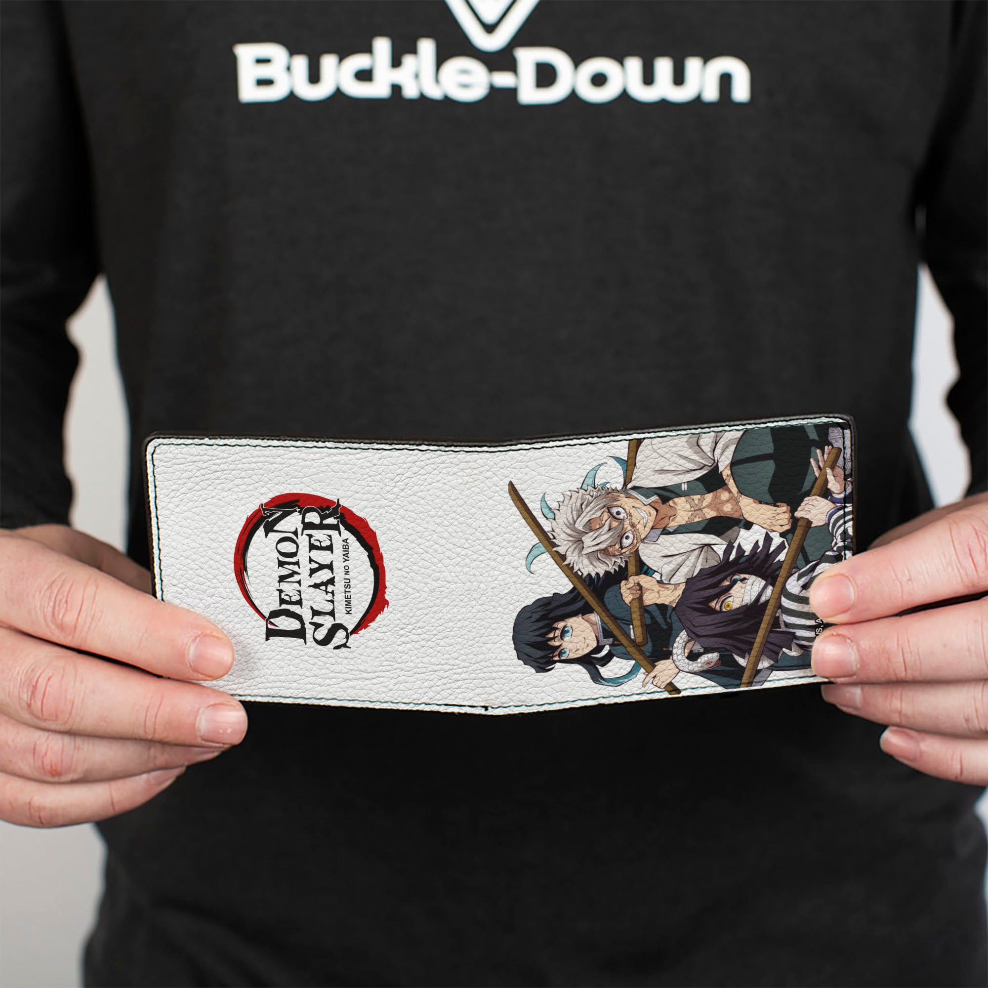 Bi-Fold Wallet - DEMON SLAYER Three Character Group Pose and Title Logo White Bi-Fold Wallets Demon Slayer