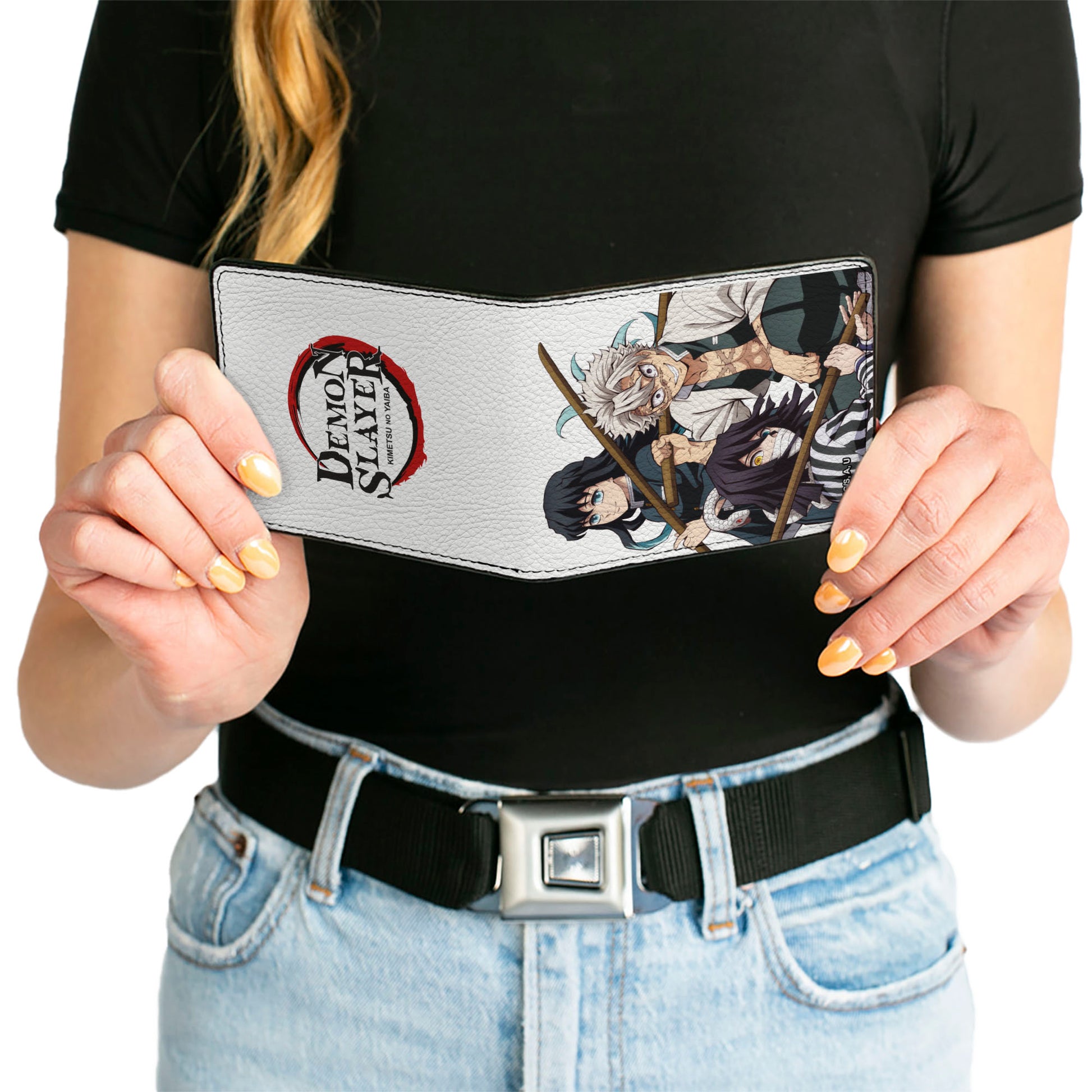 Bi-Fold Wallet - DEMON SLAYER Three Character Group Pose and Title Logo White Bi-Fold Wallets Demon Slayer