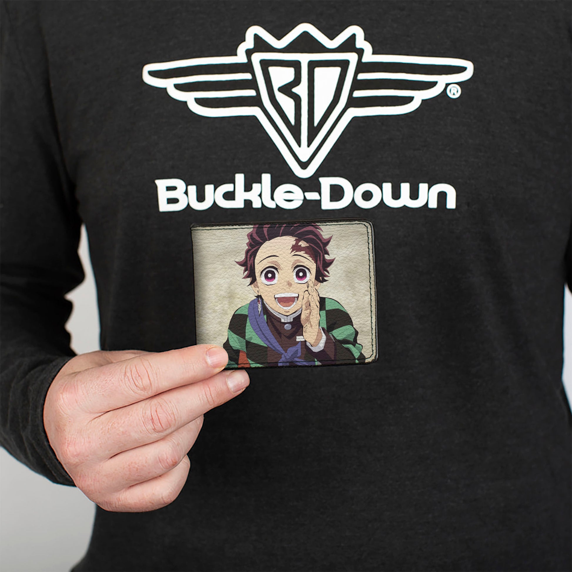 Bi-Fold Wallet - DEMON SLAYER Tanjiro Kamada Pose and Checkers Black/Green Bi-Fold Wallets Demon Slayer