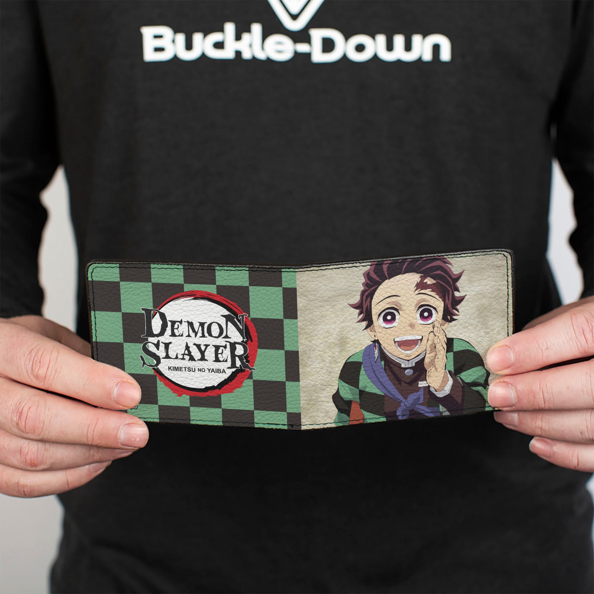 Bi-Fold Wallet - DEMON SLAYER Tanjiro Kamada Pose and Checkers Black/Green Bi-Fold Wallets Demon Slayer