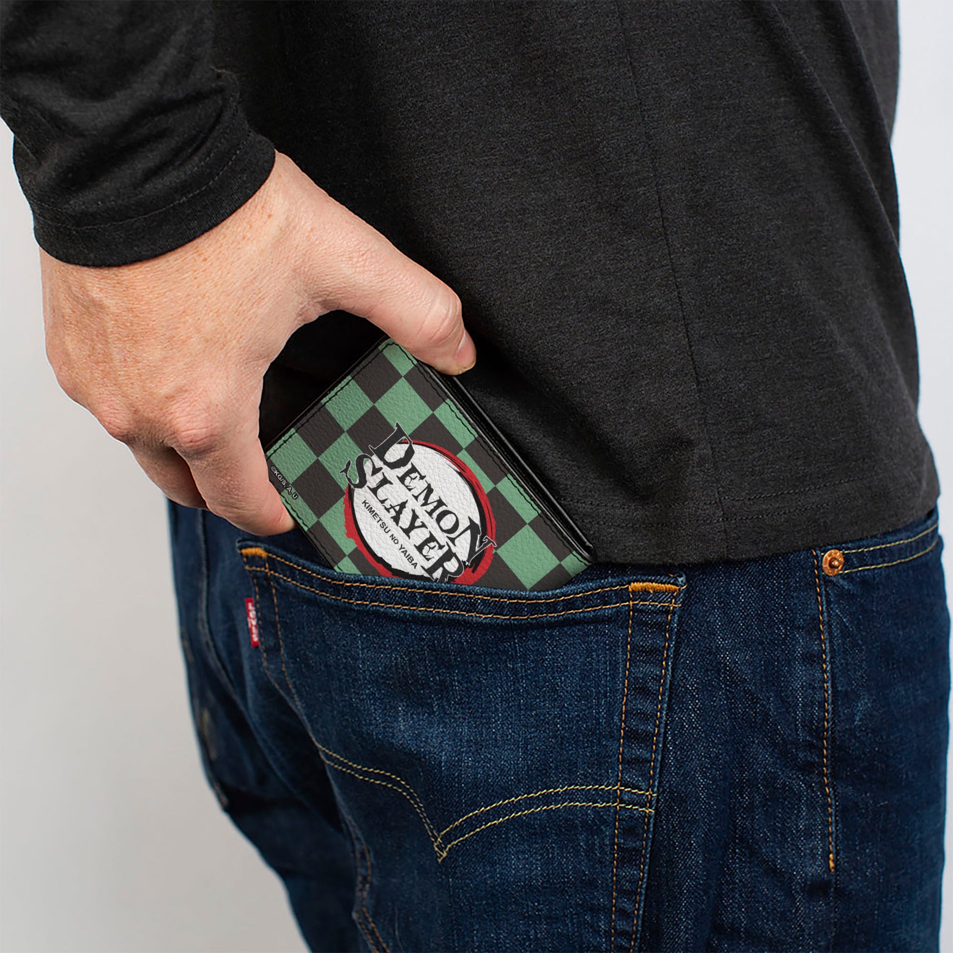 Bi-Fold Wallet - DEMON SLAYER Tanjiro Kamada Pose and Checkers Black/Green Bi-Fold Wallets Demon Slayer
