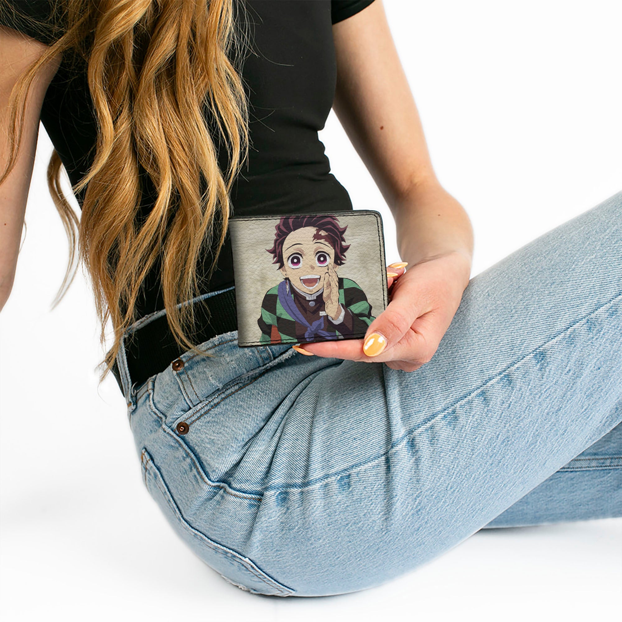 Bi-Fold Wallet - DEMON SLAYER Tanjiro Kamada Pose and Checkers Black/Green Bi-Fold Wallets Demon Slayer
