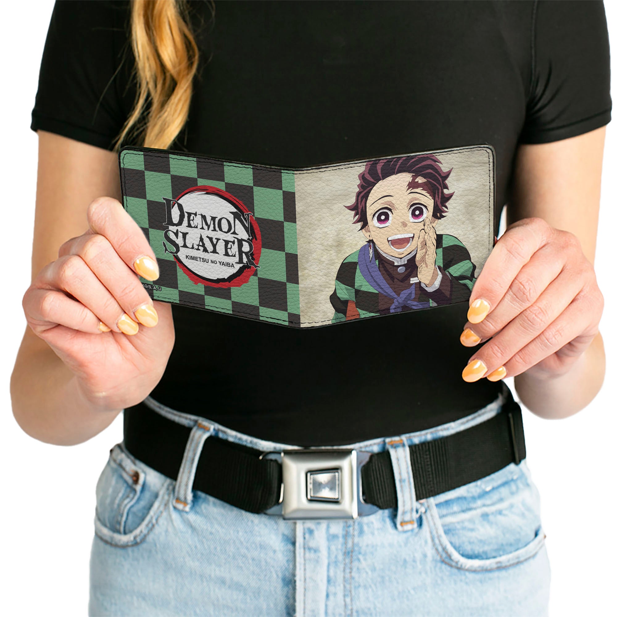 Bi-Fold Wallet - DEMON SLAYER Tanjiro Kamada Pose and Checkers Black/Green Bi-Fold Wallets Demon Slayer