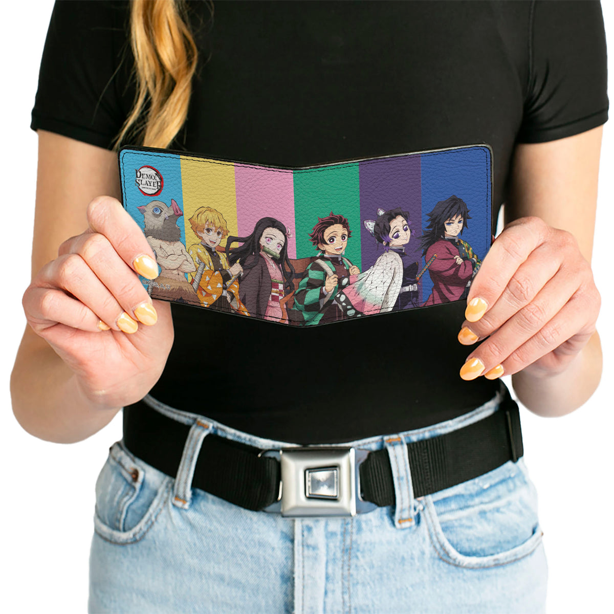 Bi-Fold Wallet - Demon Slayer Six Character Group Pose Blocks Multi Color Bi-Fold Wallets Demon Slayer