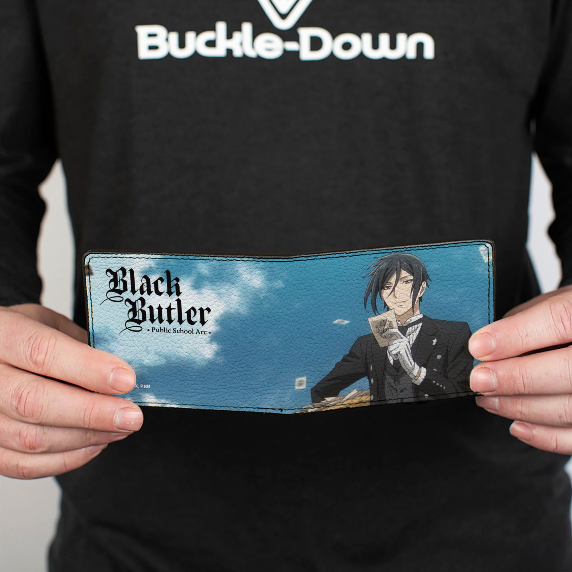 Bi-Fold Wallet - BLACK BUTLER Sebastian Sky Scene Pose and Title Logo Blue Bi-Fold Wallets Black Butler