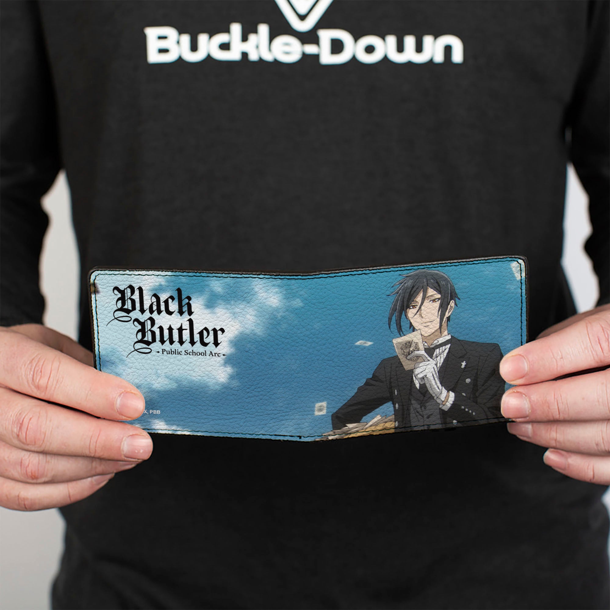 Bi-Fold Wallet - BLACK BUTLER Sebastian Sky Scene Pose and Title Logo Blue Bi-Fold Wallets Black Butler
