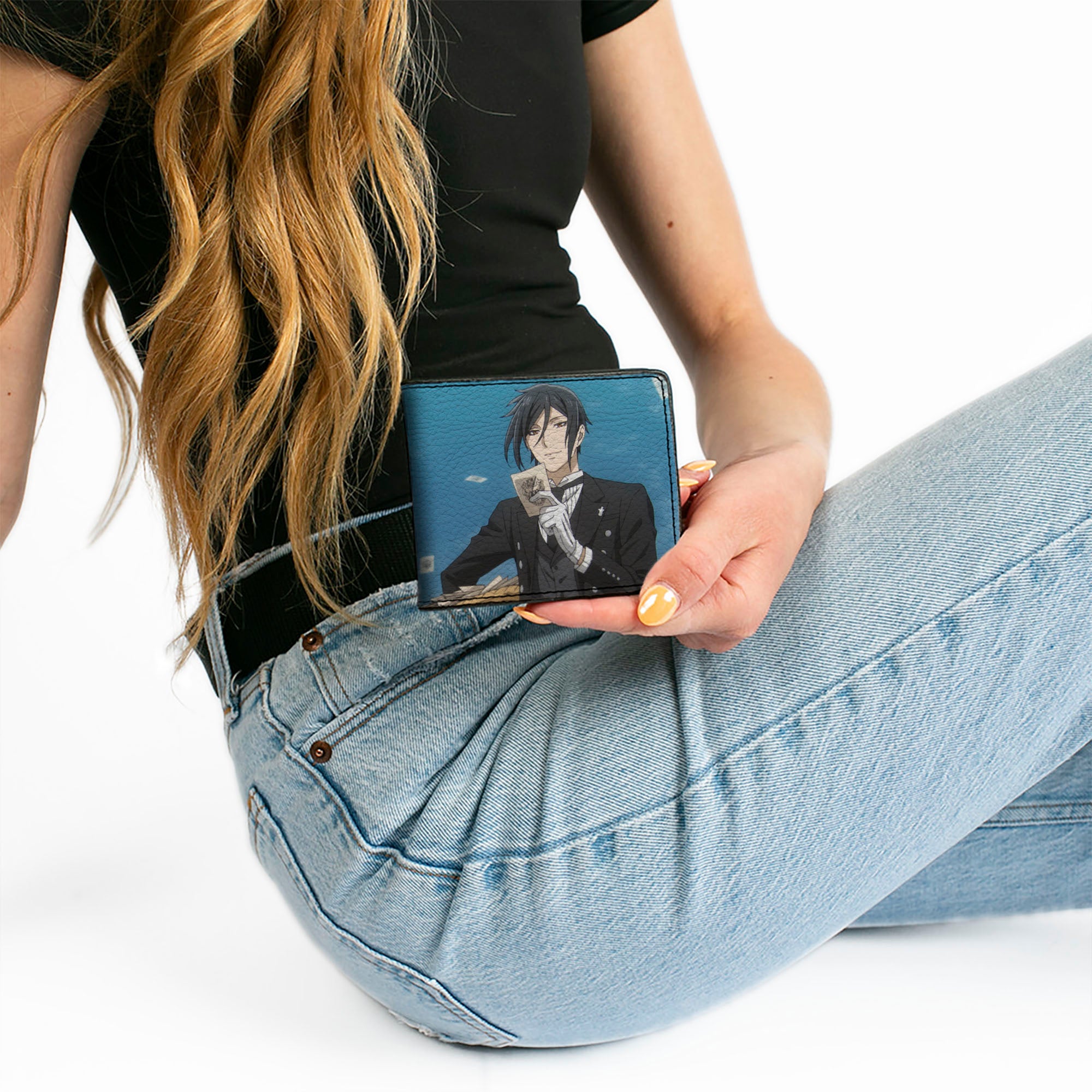 Bi-Fold Wallet - BLACK BUTLER Sebastian Sky Scene Pose and Title Logo Blue Bi-Fold Wallets Black Butler