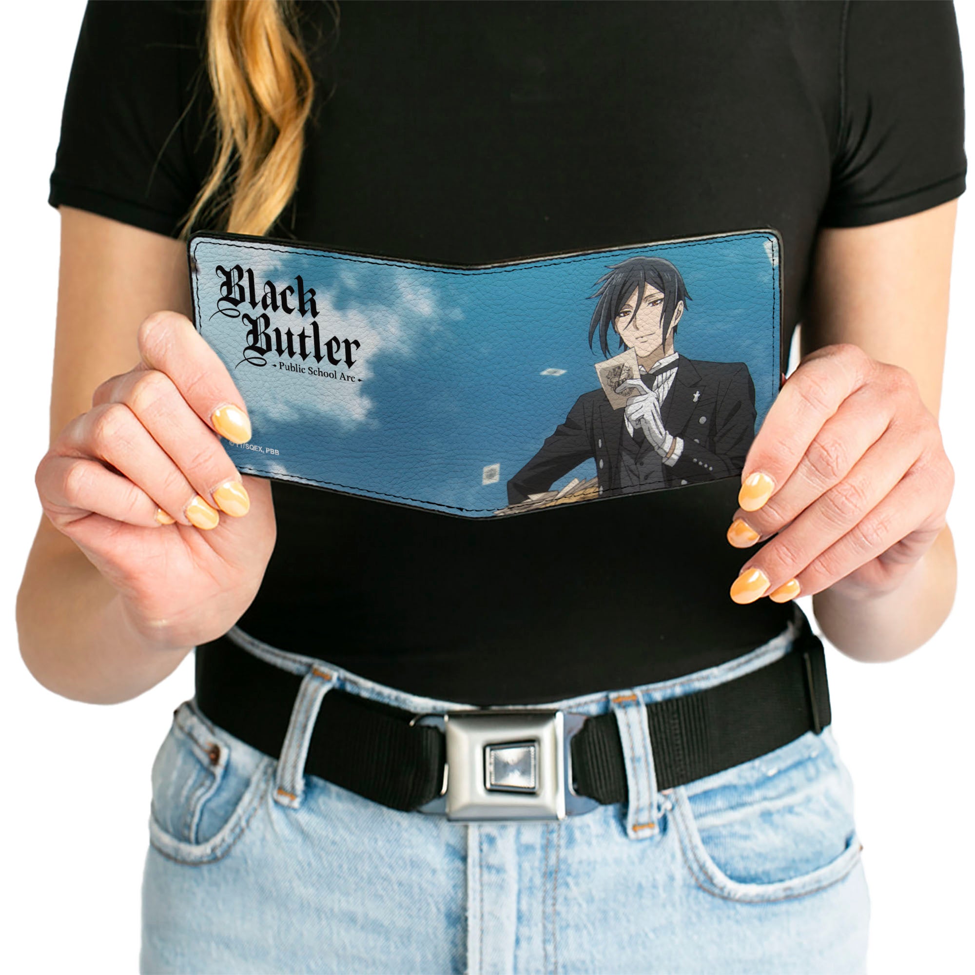 Bi-Fold Wallet - BLACK BUTLER Sebastian Sky Scene Pose and Title Logo Blue Bi-Fold Wallets Black Butler