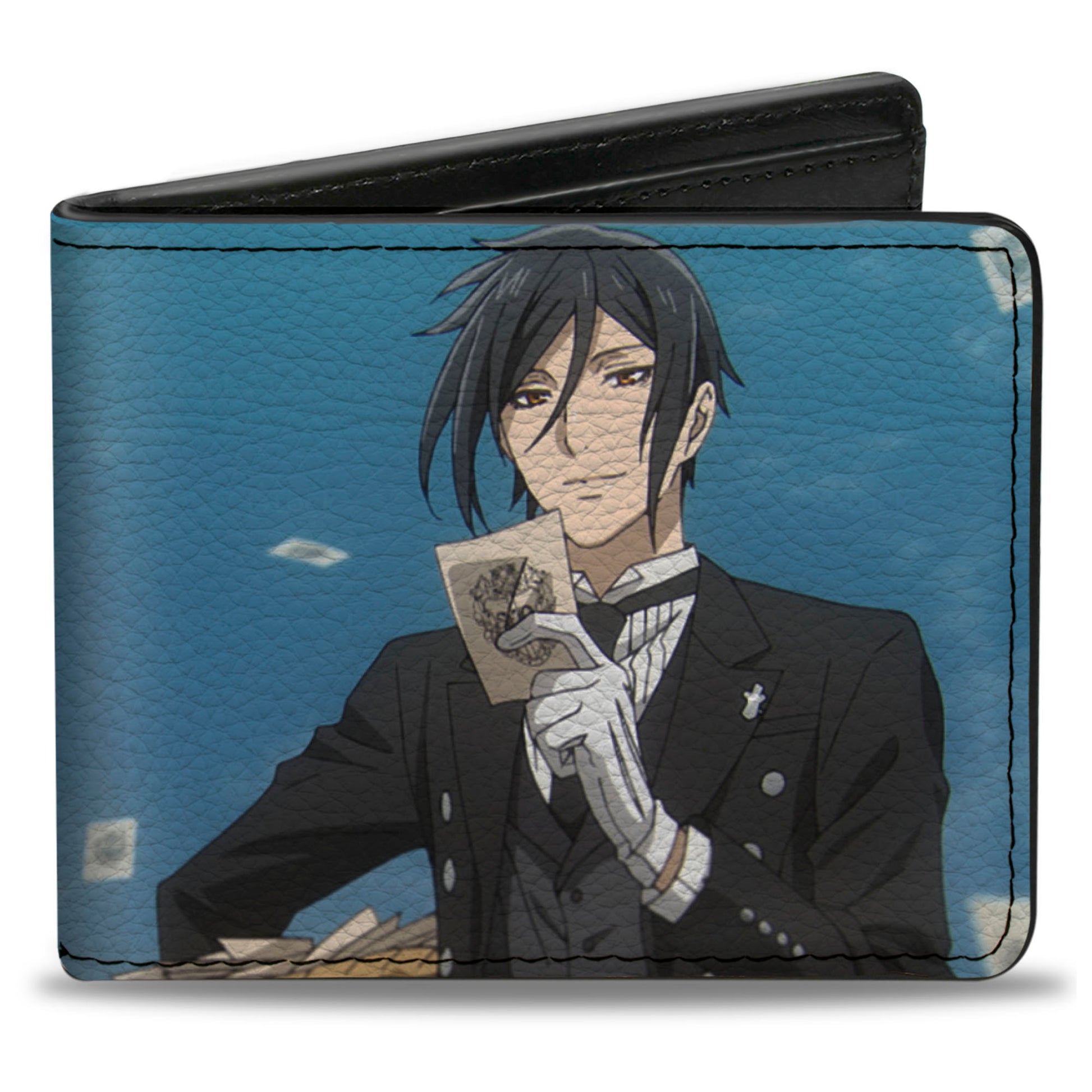 Bi-Fold Wallet - BLACK BUTLER Sebastian Sky Scene Pose and Title Logo Blue Bi-Fold Wallets Black Butler