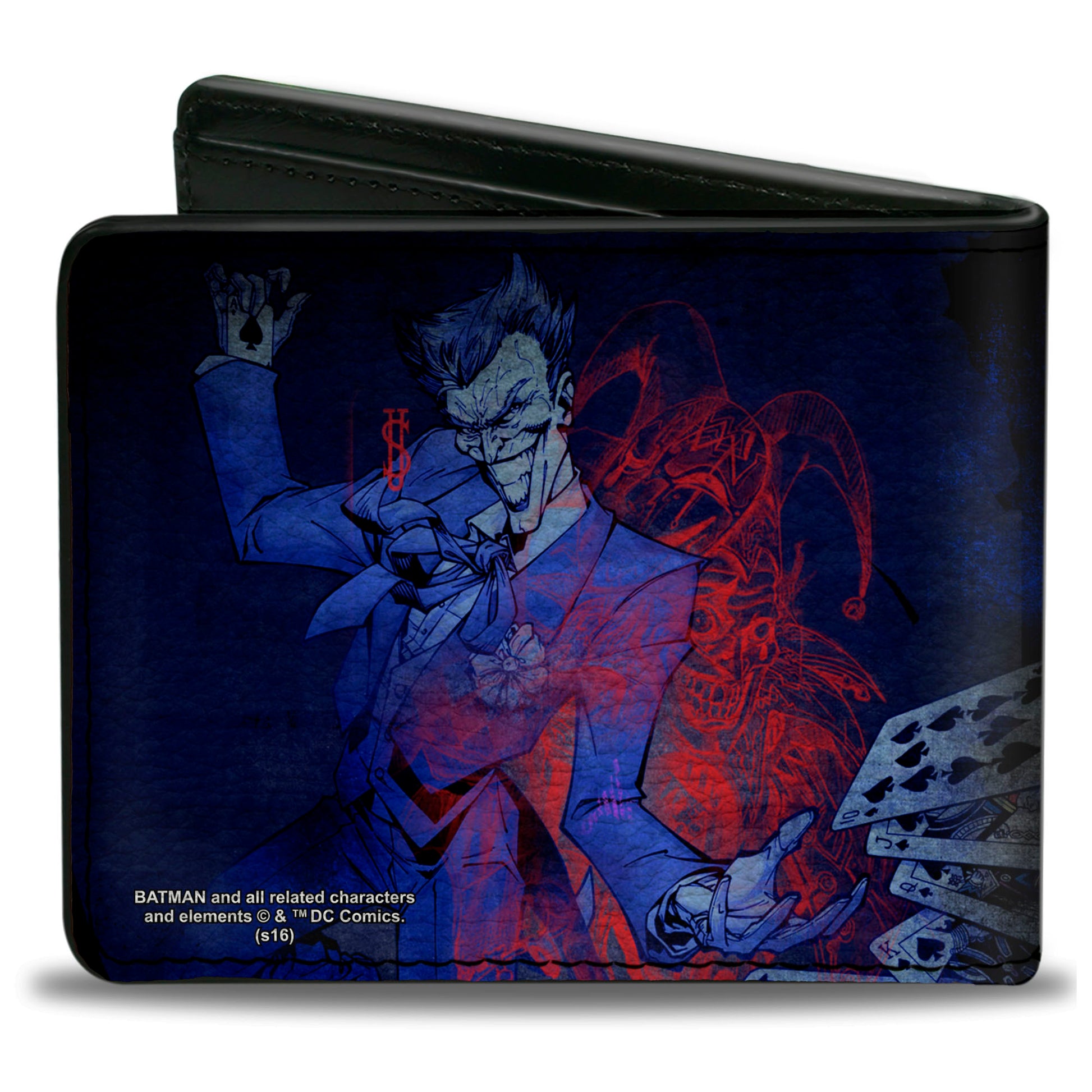 Bi-Fold Wallet - Batman Action + Joker Flipping Cards Poses Black Blues Reds Bi-Fold Wallets DC Comics