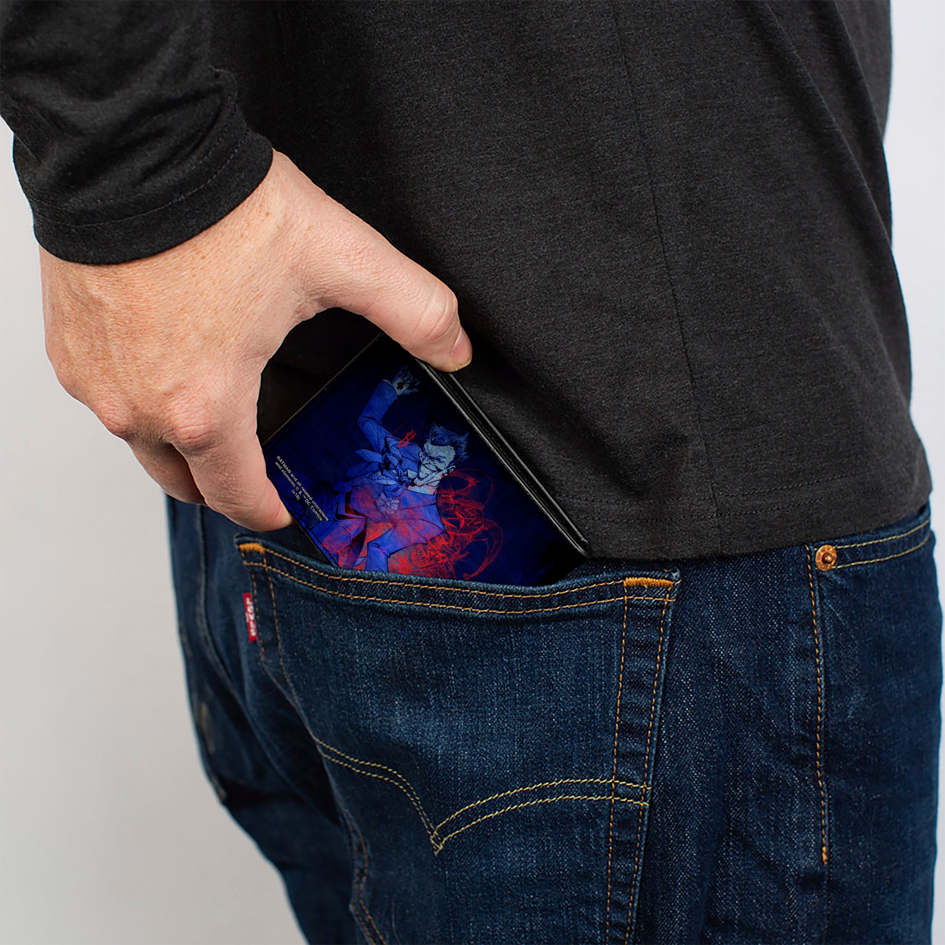 Bi-Fold Wallet - Batman Action + Joker Flipping Cards Poses Black Blues Reds Bi-Fold Wallets DC Comics