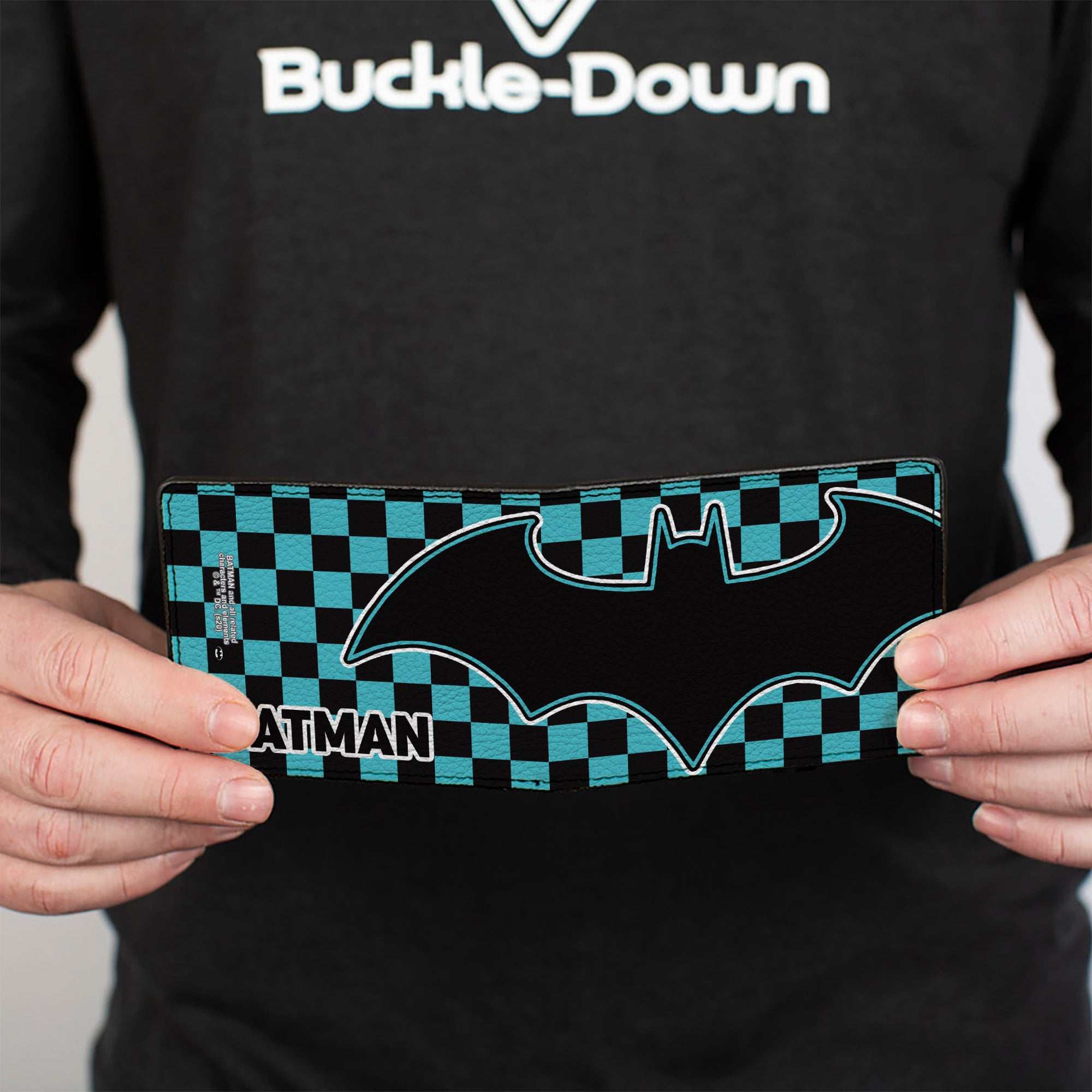 Bi-Fold Wallet - BATMAN Bat Logo Close-Up Checker Teal Black Bi-Fold Wallets DC Comics