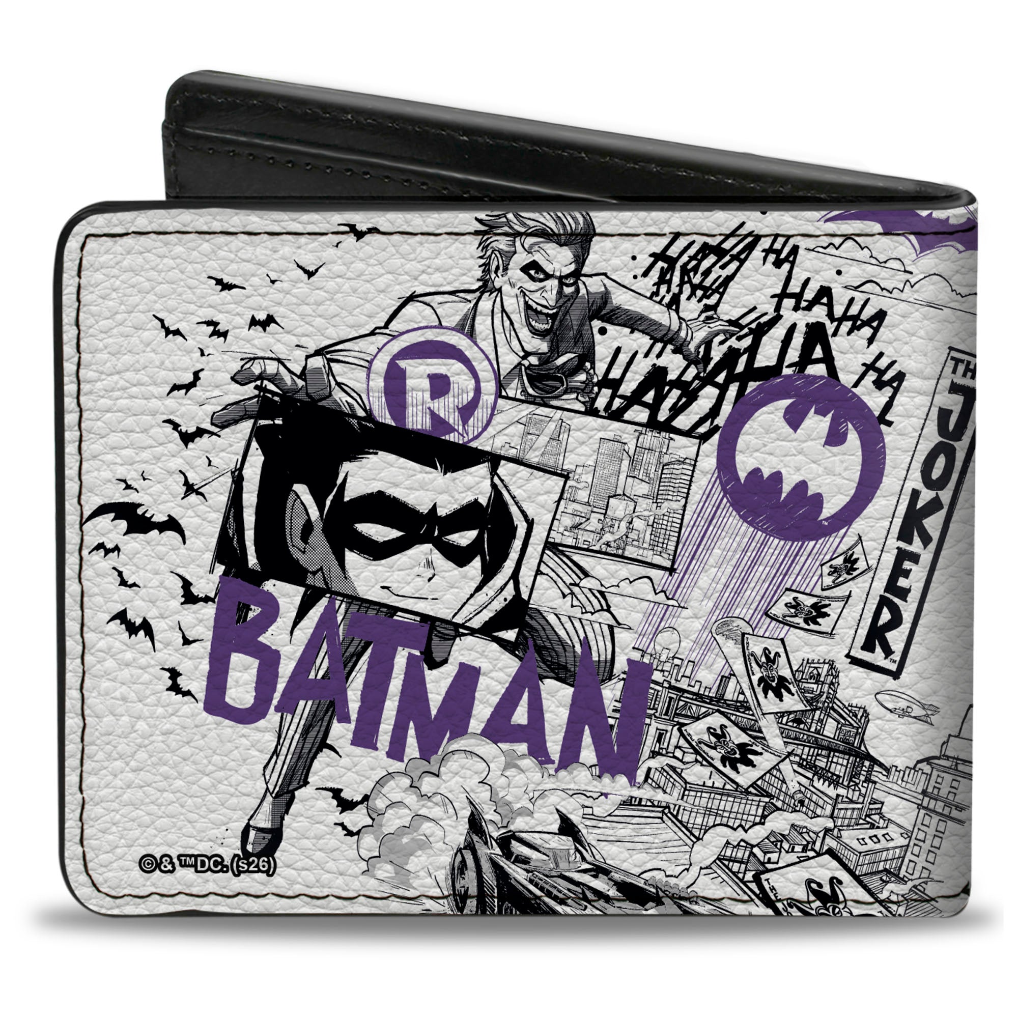 Bi-Fold Wallet - Gotham Inked Batman Robin and Joker Collage White/Black/Purple Bi-Fold Wallets DC Comics