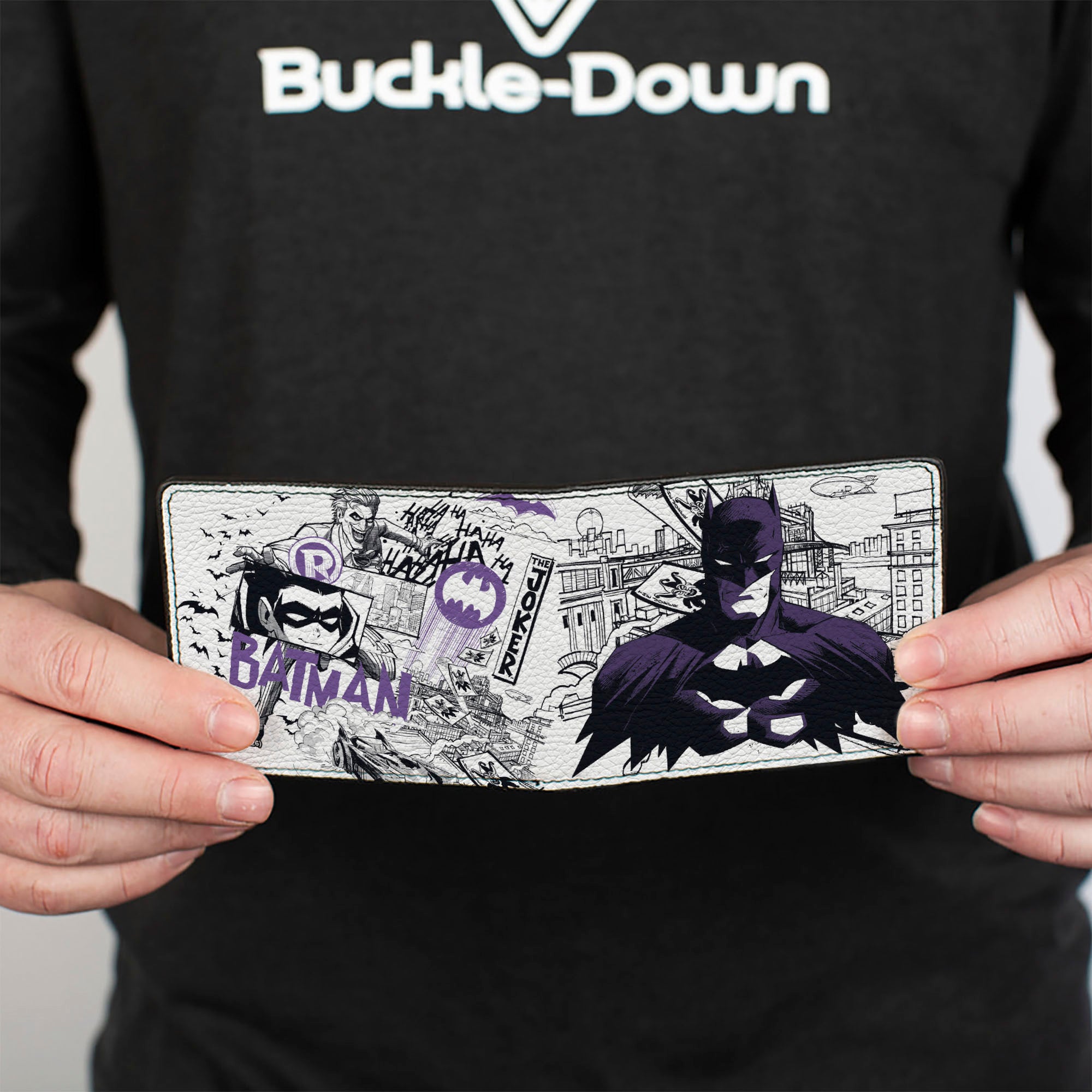 Bi-Fold Wallet - Gotham Inked Batman Robin and Joker Collage White/Black/Purple Bi-Fold Wallets DC Comics