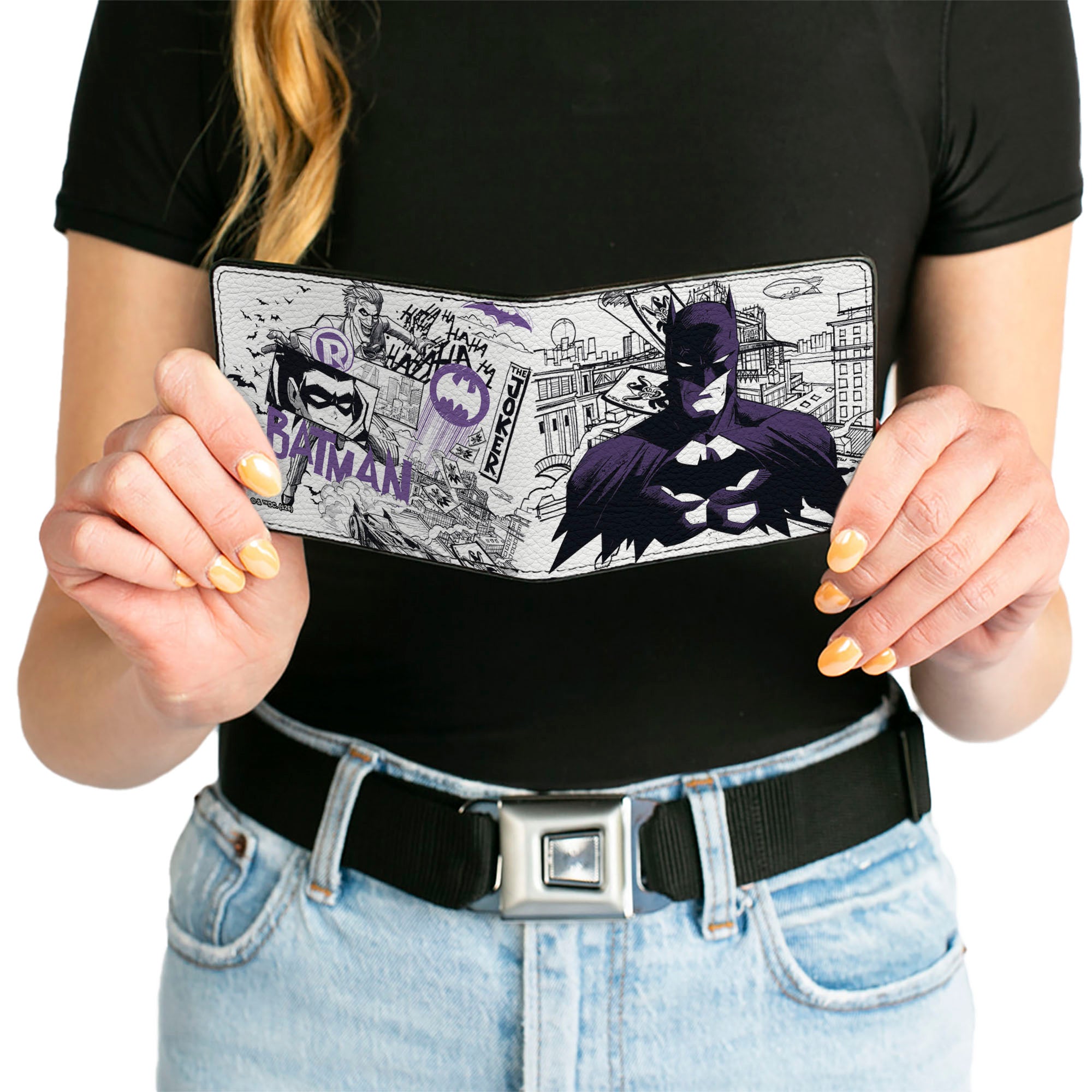 Bi-Fold Wallet - Gotham Inked Batman Robin and Joker Collage White/Black/Purple Bi-Fold Wallets DC Comics