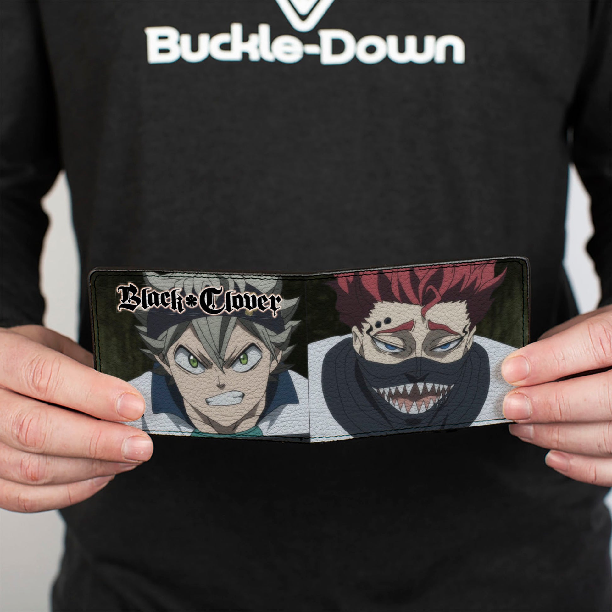 Bi-Fold Wallet - BLACK CLOVER Zora and Asta Faces and Title Logo Black Bi-Fold Wallets Black Clover